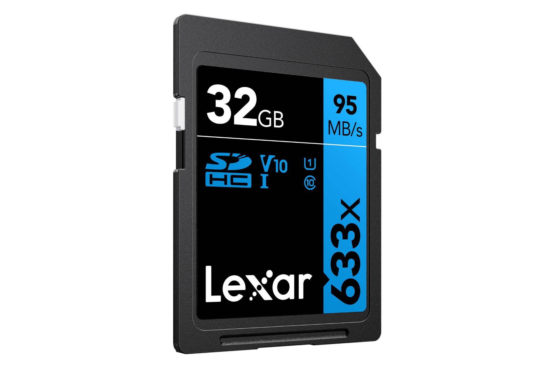 نمای چپ کارت حافظه لکسار microSDXC با ظرفیت 32 گیگابایت مدل High Performance BLUE Series 633x V30 کلاس 10