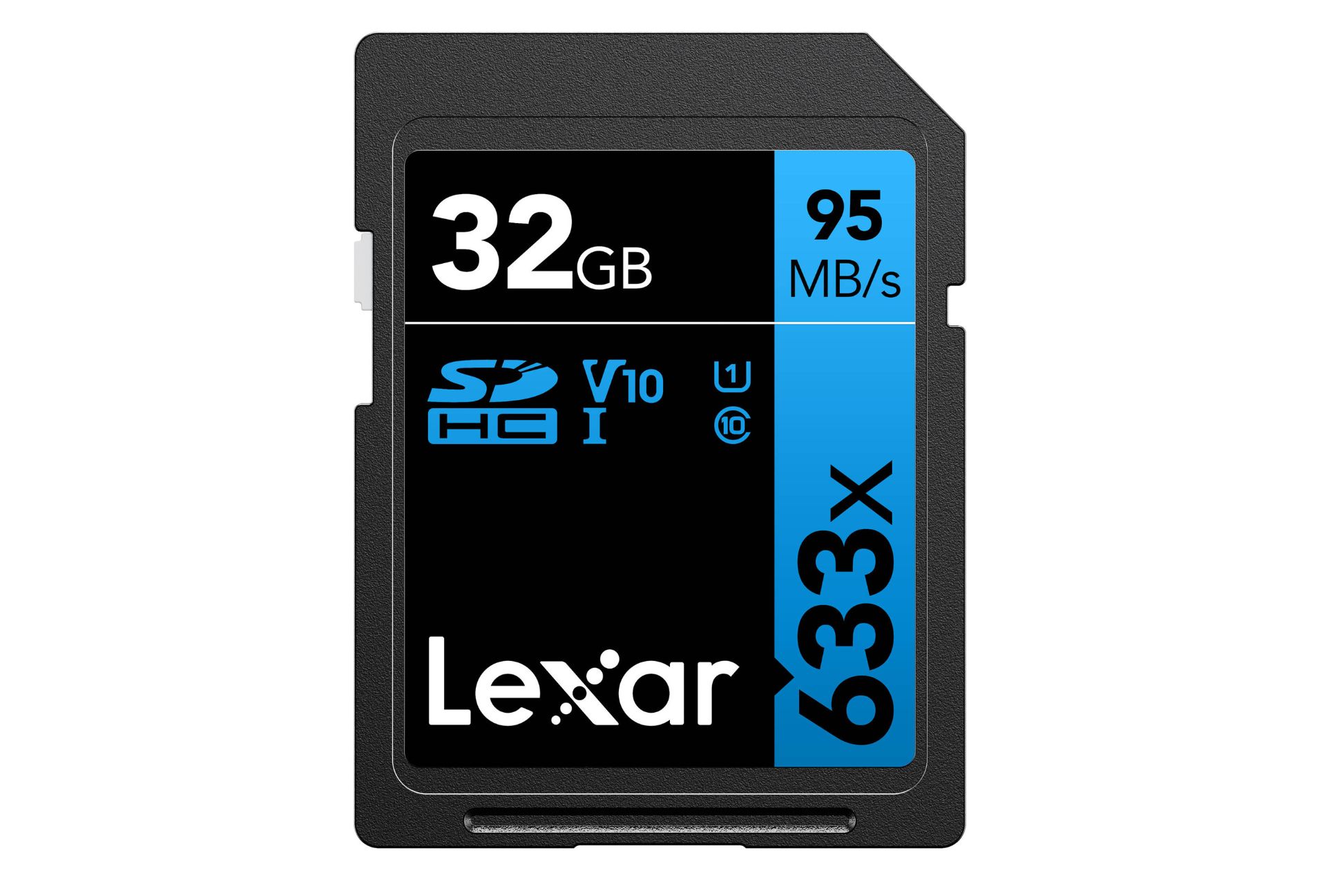 نمای روبرو کارت حافظه لکسار microSDXC با ظرفیت 32 گیگابایت مدل High Performance BLUE Series 633x V30 کلاس 10