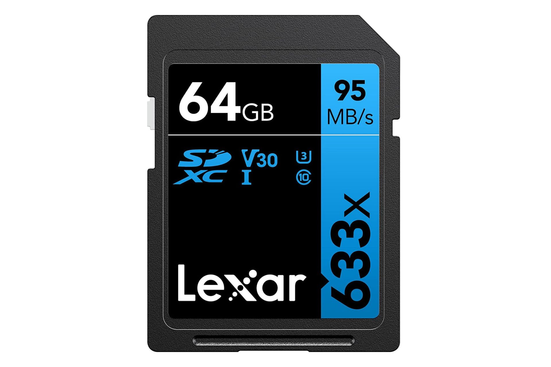 نمای روبرو کارت حافظه لکسار microSDXC با ظرفیت 64 گیگابایت مدل High Performance BLUE Series 633x V30 کلاس 10