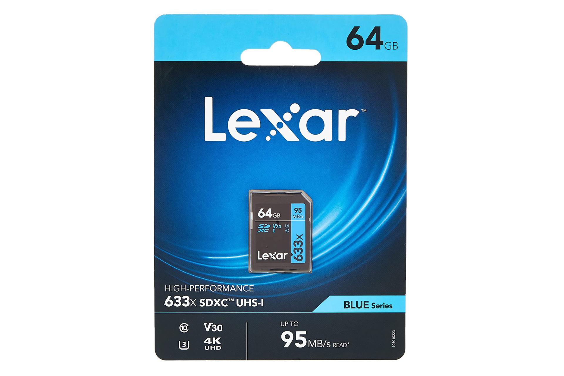 جعبه کارت حافظه لکسار microSDXC با ظرفیت 64 گیگابایت مدل High Performance BLUE Series 633x V30 کلاس 10
