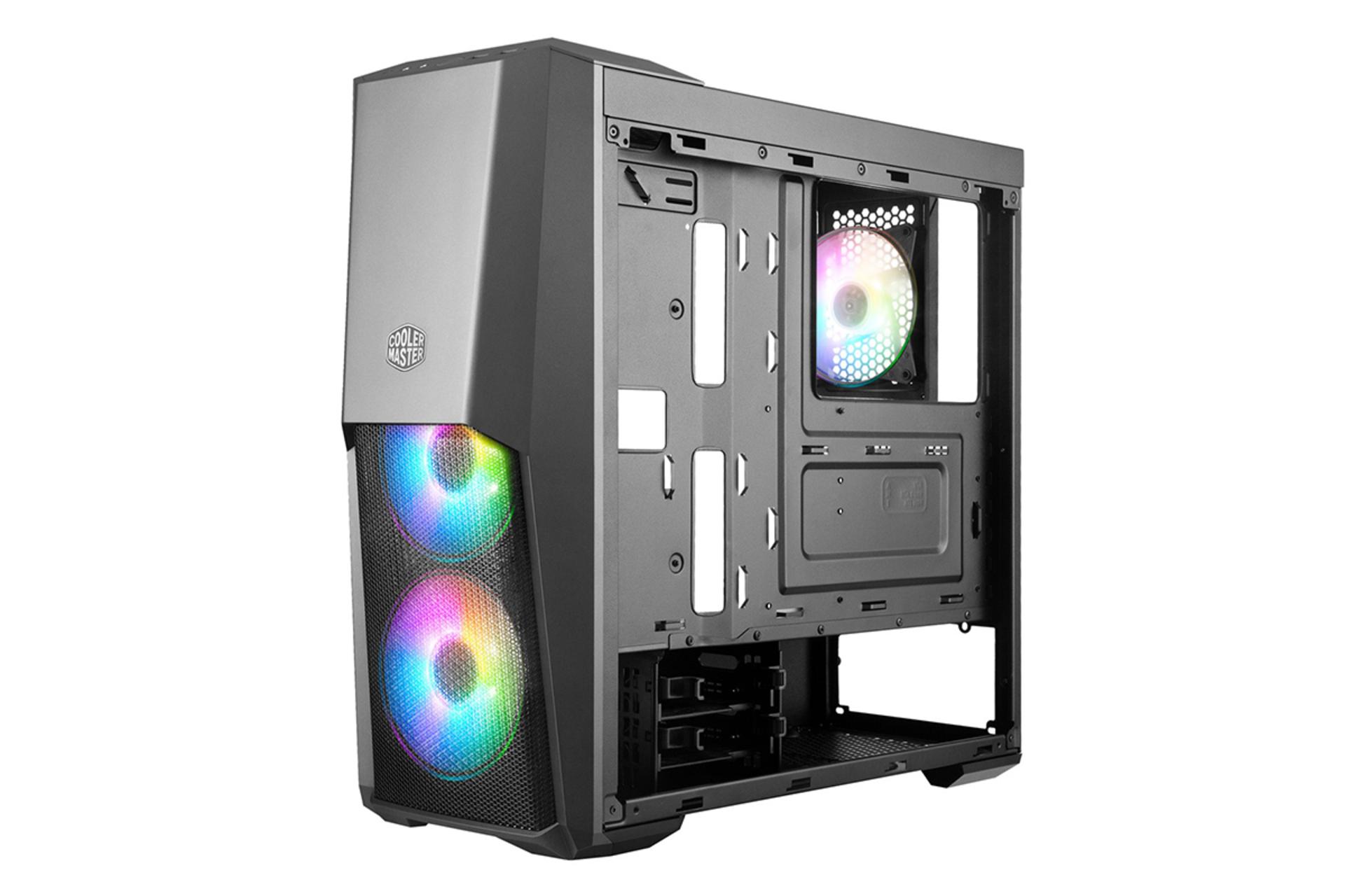 نمای جلو و داخل سمت راست کیس کامپیوتر کولر مستر MASTERBOX MB500 ARGB