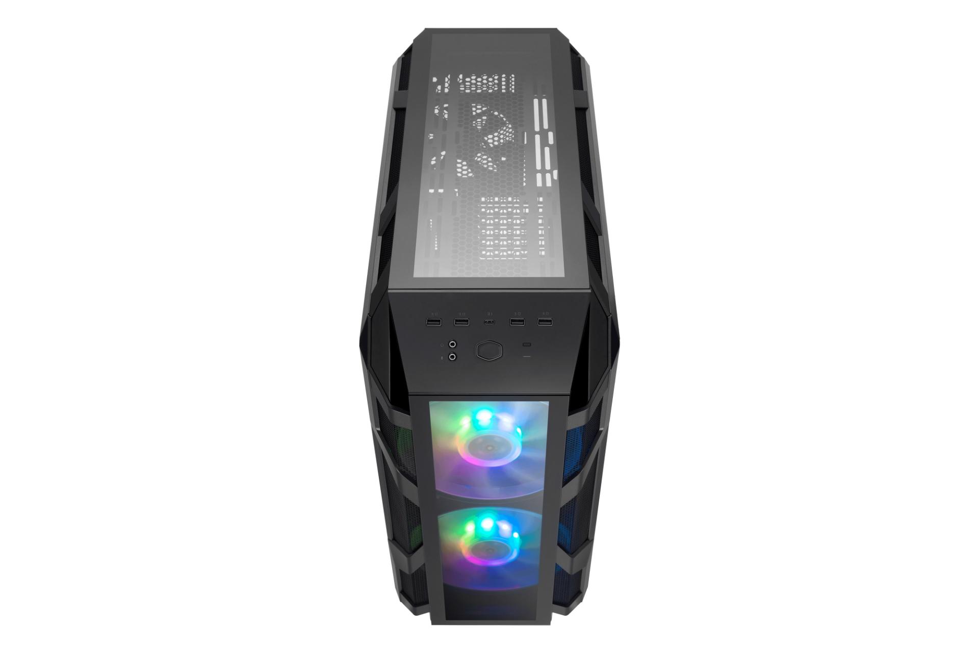 نمای پورت های بالا و پنل های شیشه ای کیس کامپیوتر کولر مستر MASTERCASE H500M