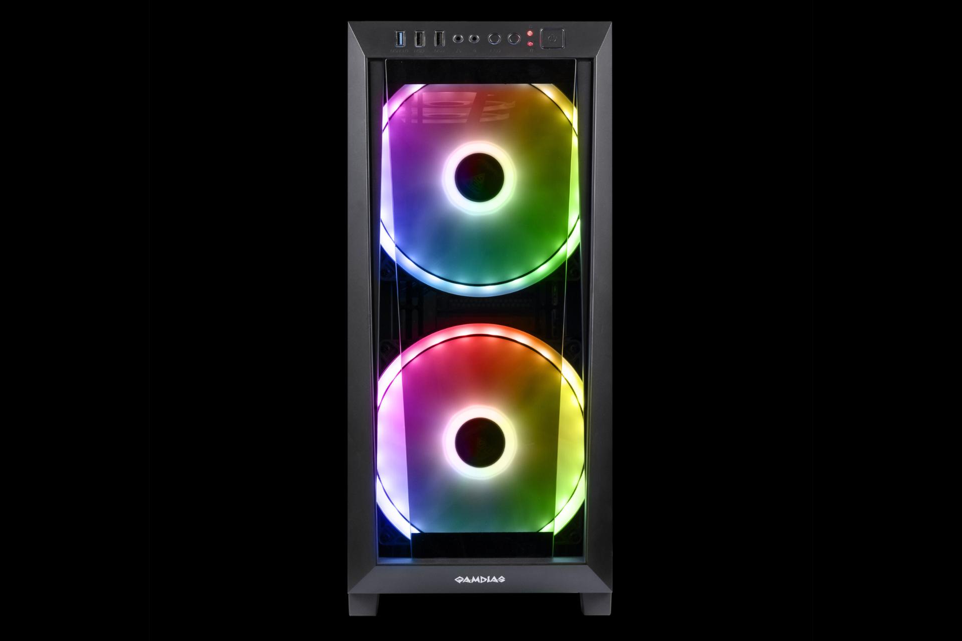 نمای روبرو با فن روشن کیس کامپیوتر گیم دیاس APOLLO M2 ELITE