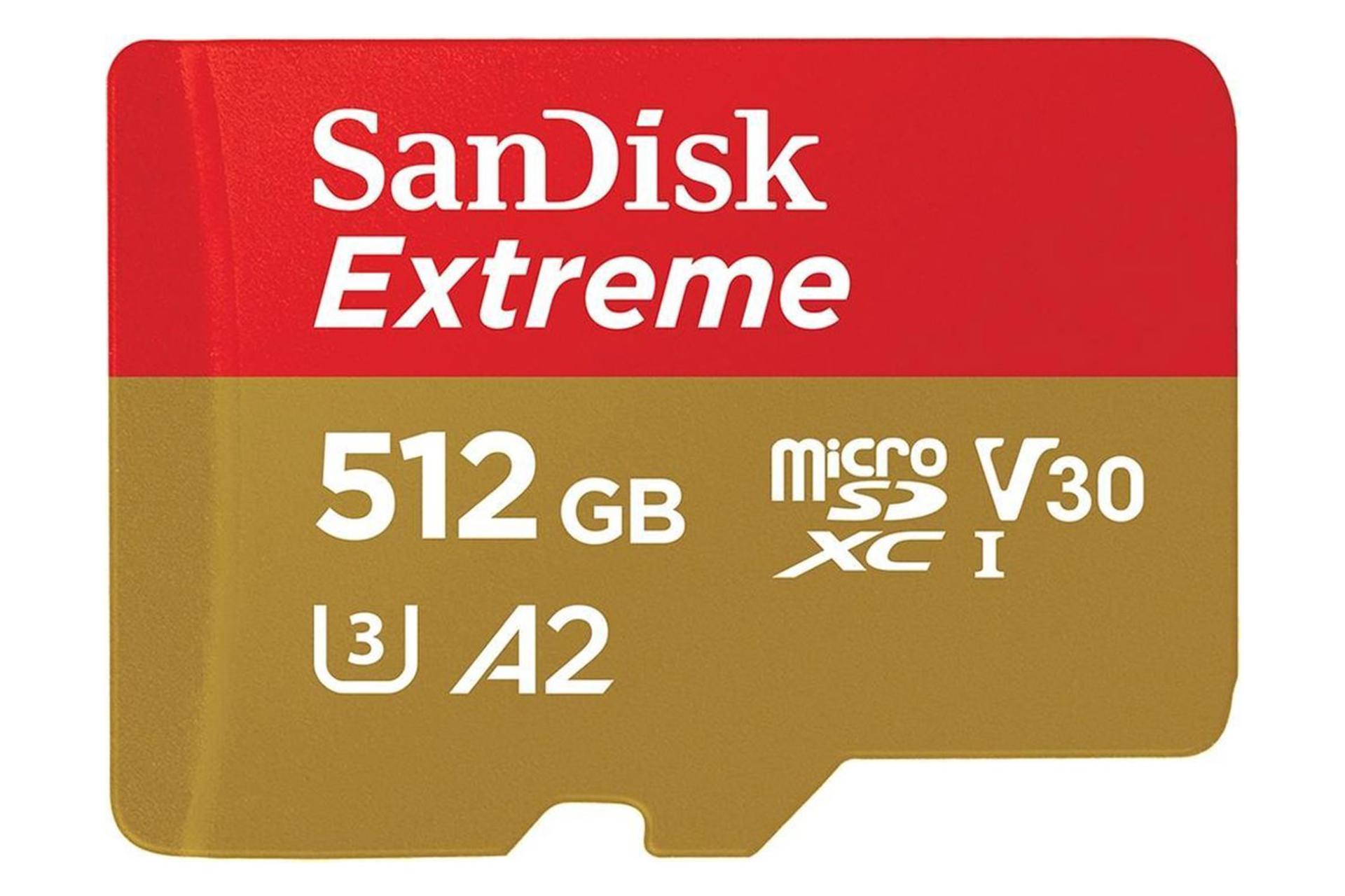 نمای روبرو کارت حافظه سن دیسک microSDXC با ظرفیت 256 گیگابایت مدل Extreme V30 A2 کلاس 10