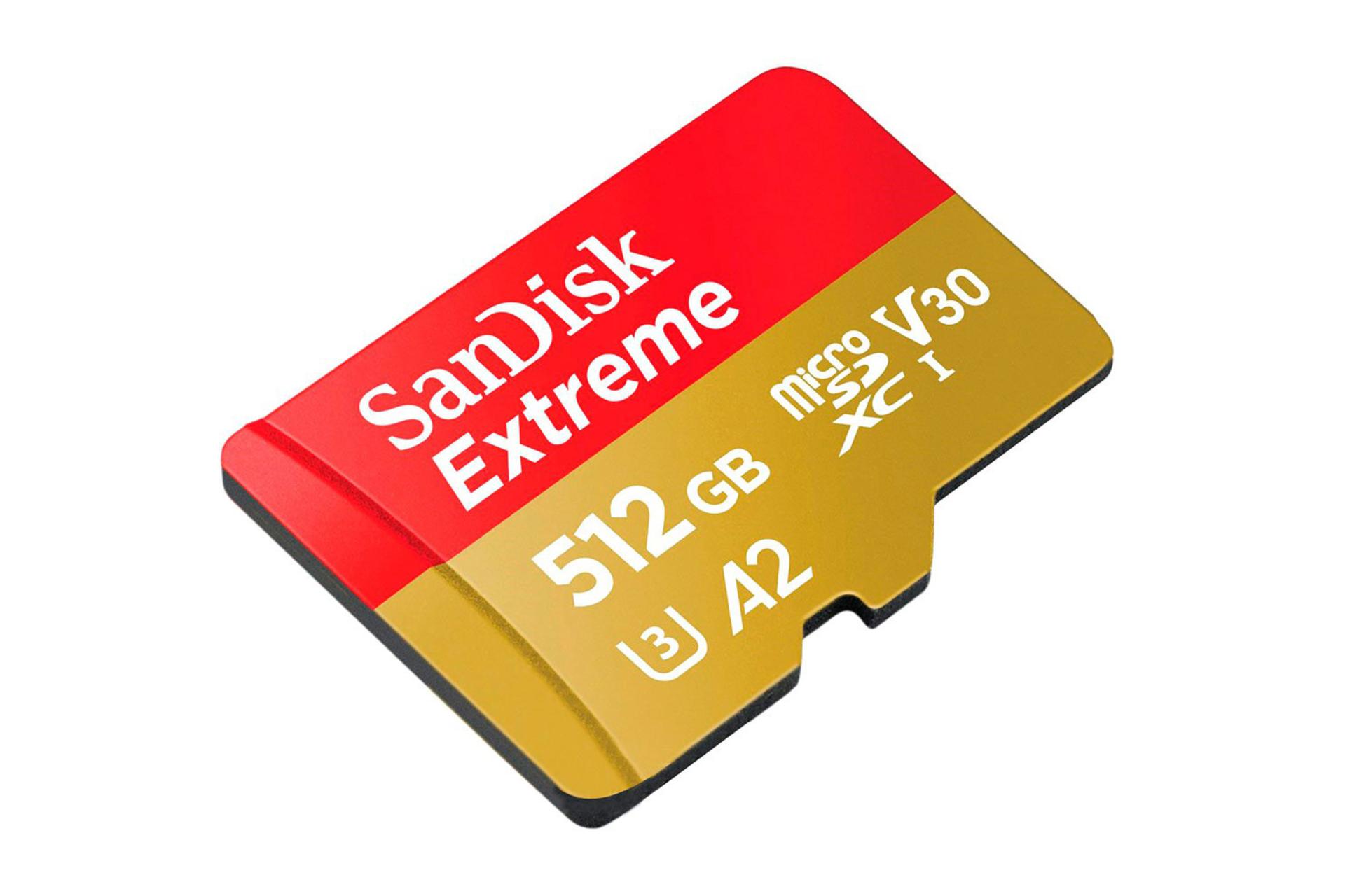 نمای جانبی کارت حافظه سن دیسک microSDXC با ظرفیت 256 گیگابایت مدل Extreme V30 A2 کلاس 10