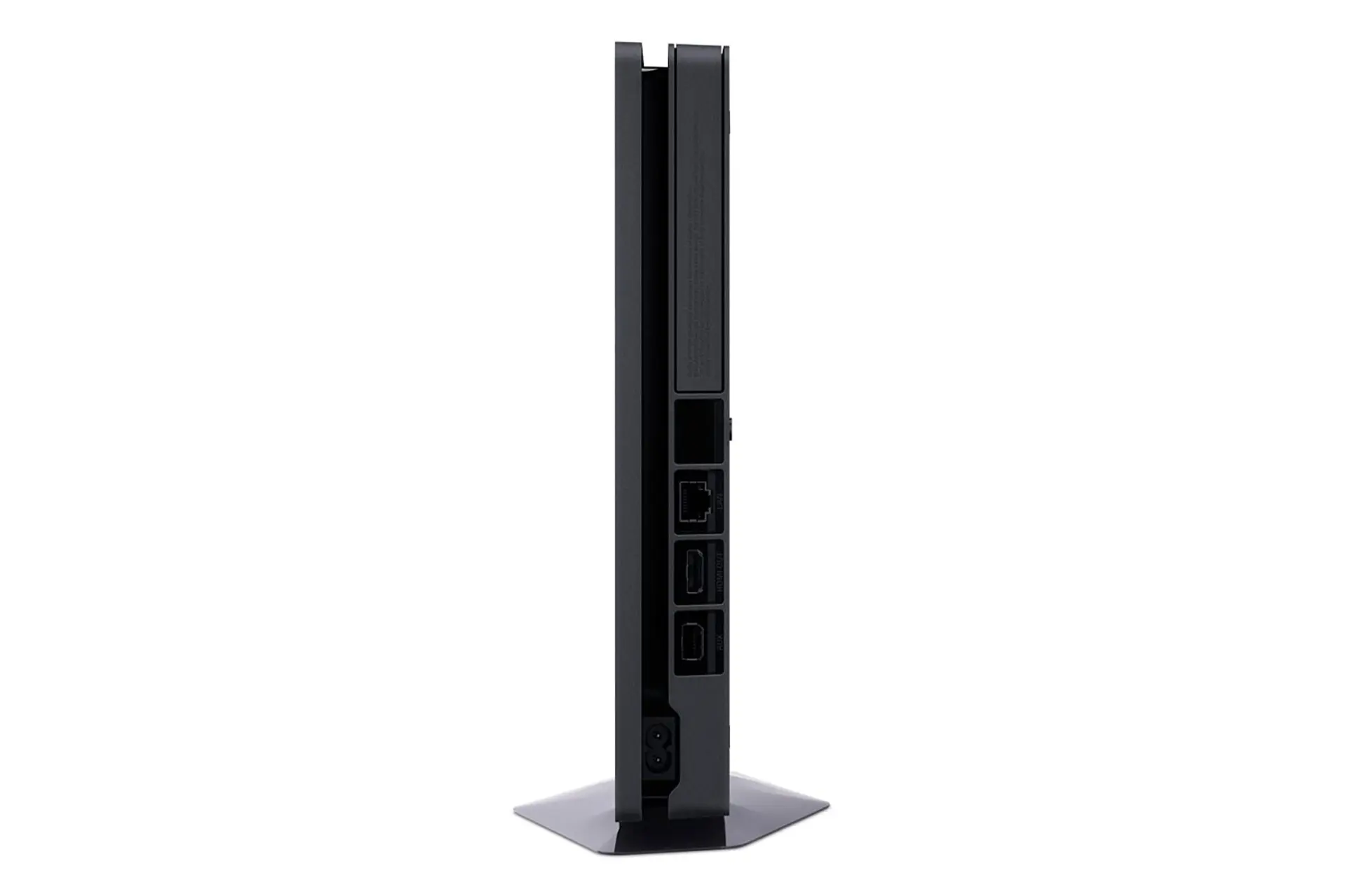 پلی استیشن 4 اسلیم سونی مشکی نمای پشت پورت ها در حالت ایستاده و خروجی هوا / Sony Playstation 4 Sli
