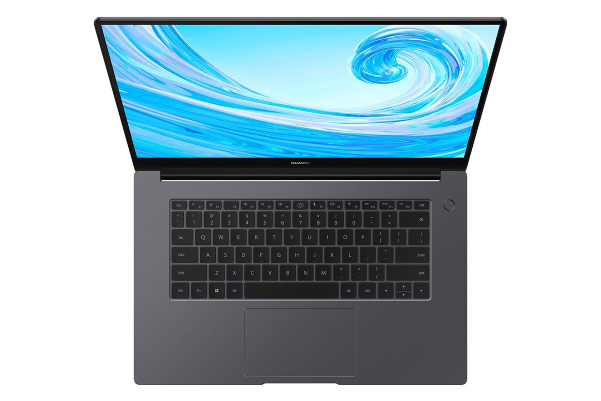 نمای بالا لپ تاپ هواوی میت بوک D 15 و نمایش کیبورد و تاچ پد دستگاه