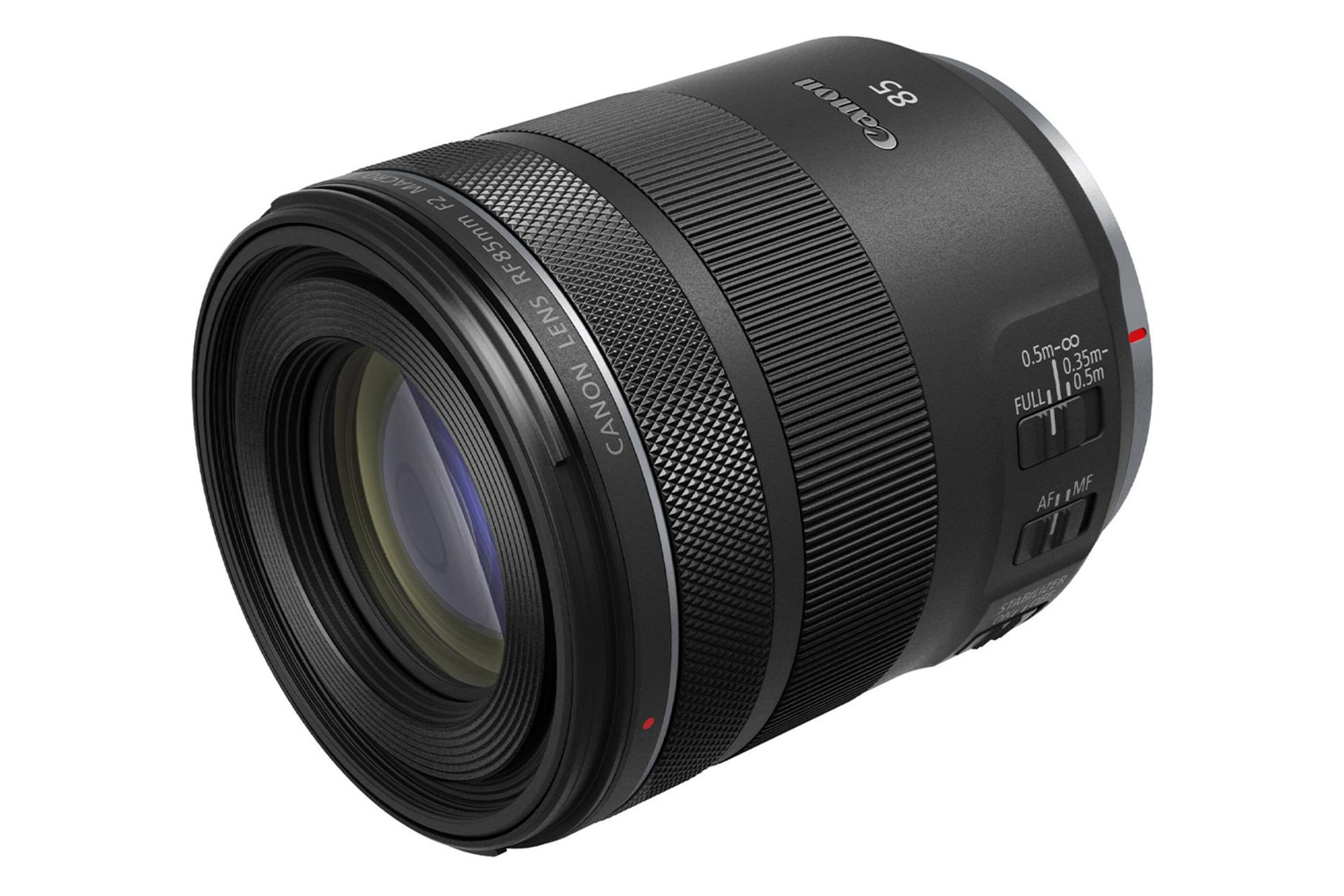 لنز کانن RF 85mm F2 Macro IS STM نمای بغل و جلو / Canon RF 85mm F2 Macro IS STM