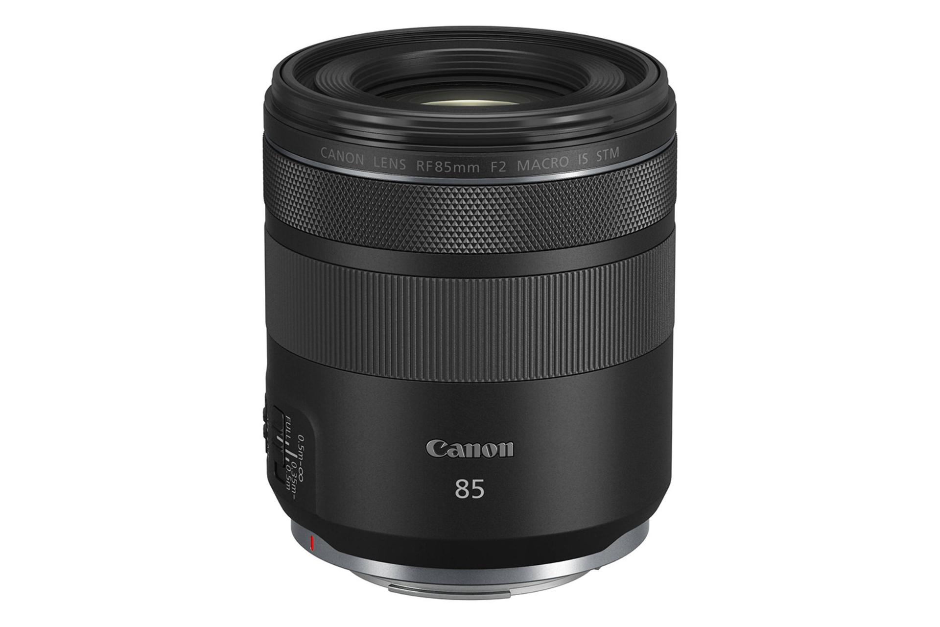 لنز کانن RF 85mm F2 Macro IS STM نمای بغل و جلو / Canon RF 85mm F2 Macro IS STM