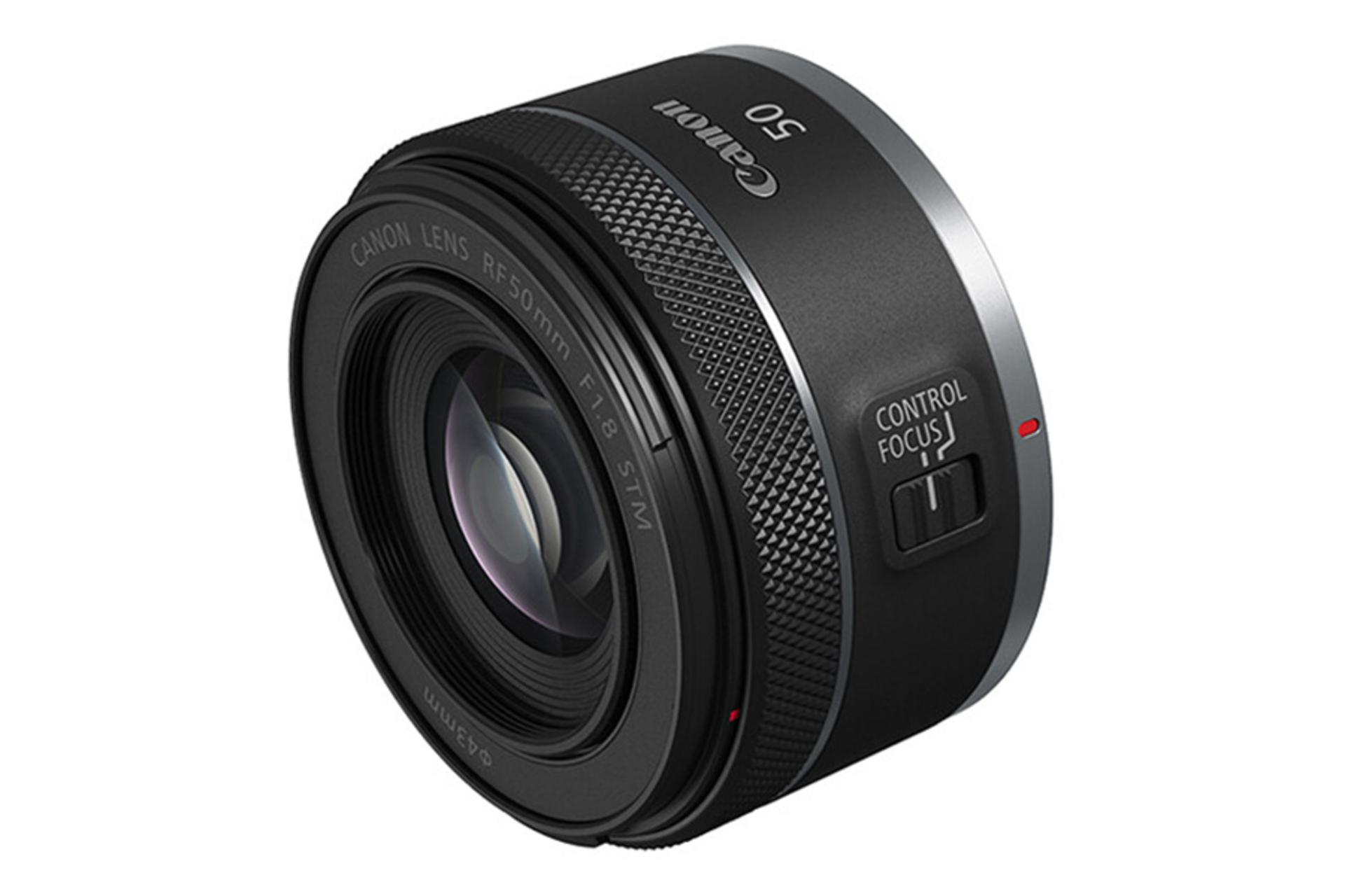 نمای نیمرخ لنز کانن RF 50mm F1.8 STM در حالت افقی
