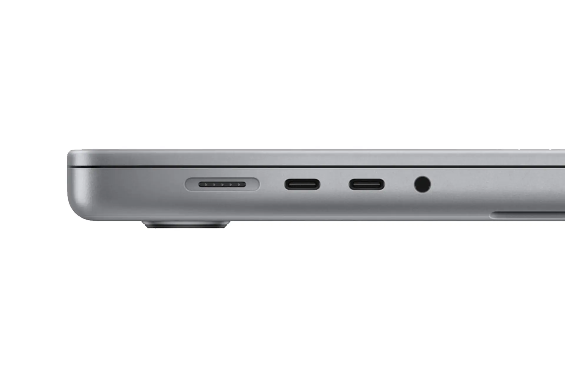 نمای لبه کناری لپ تاپ اپل مک بوک پرو 2023 و نمایش پورت های لبه سمت چپ