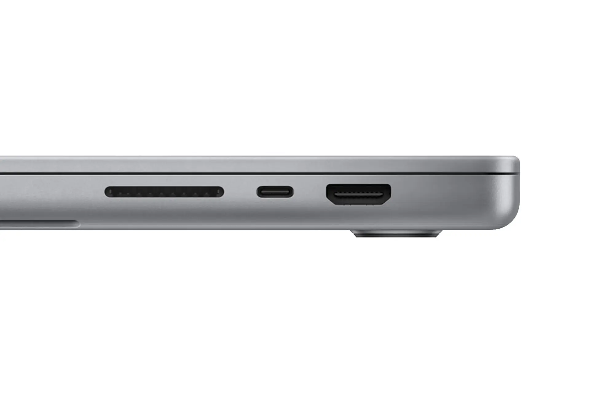 نمای لبه کناری لپ تاپ اپل مک بوک پرو 2023 و نمایش پورت های لبه سمت راست