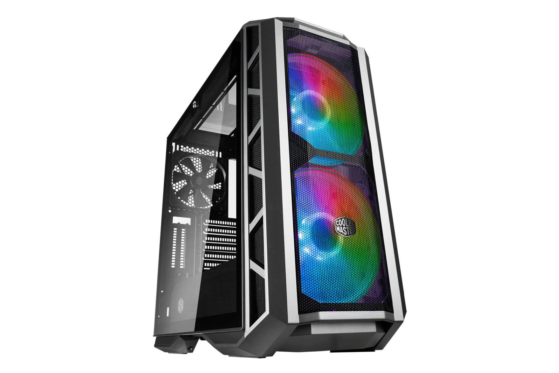 نمای نیم رخ جلو و سمت چپ از سمت پایین کیس کامپیوتر کولر مستر MASTERCASE H500P MESH ARGB