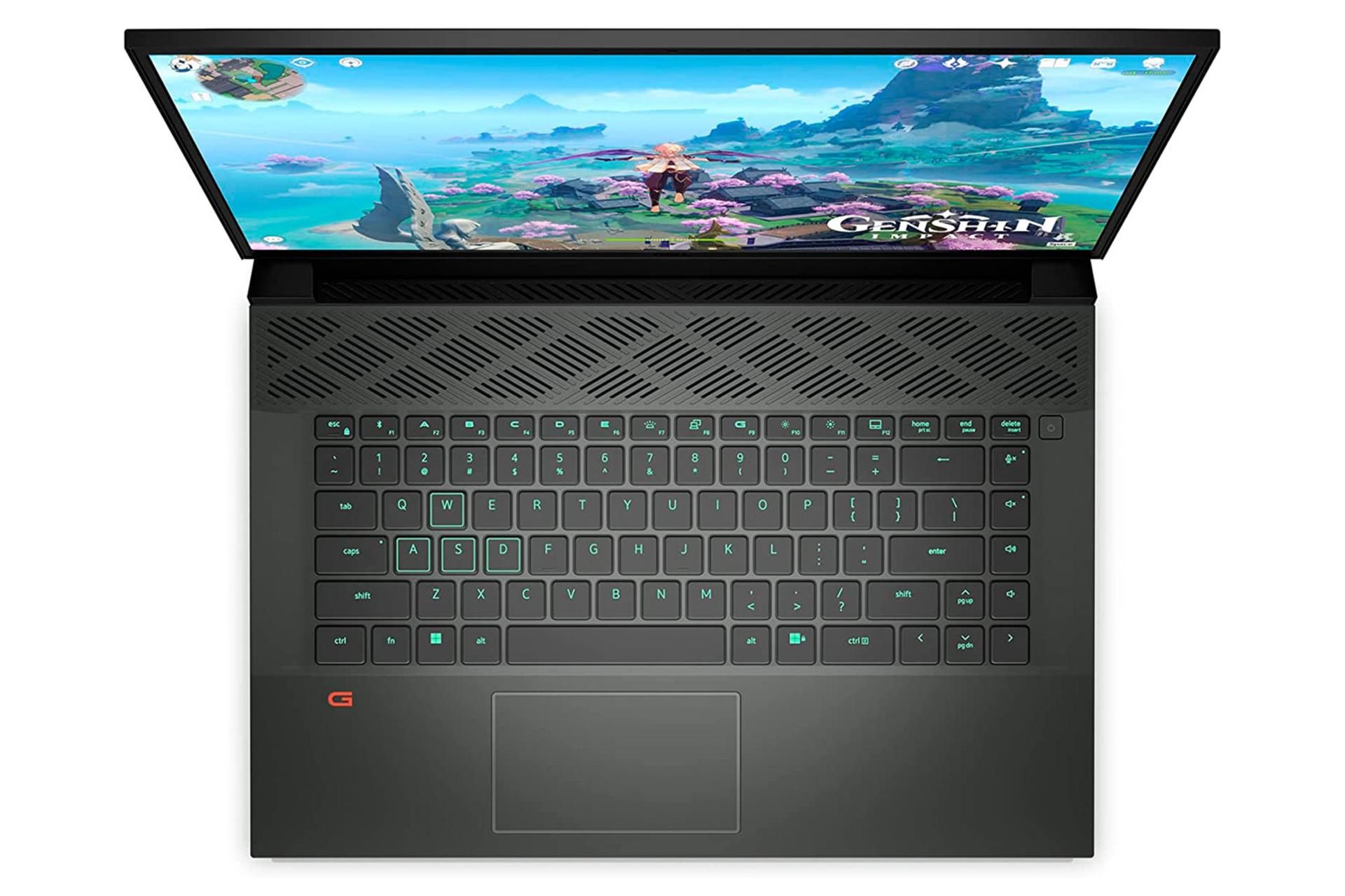 نمای بالا لپ تاپ دل G16 7620 و نمایش کیبورد