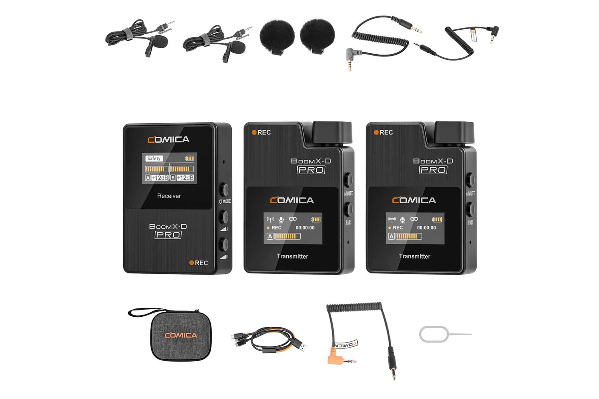 نمای رنگ مشکی میکروفون کامیکا BoomX-D PRO D2 به همراه لوازم جانبی آن