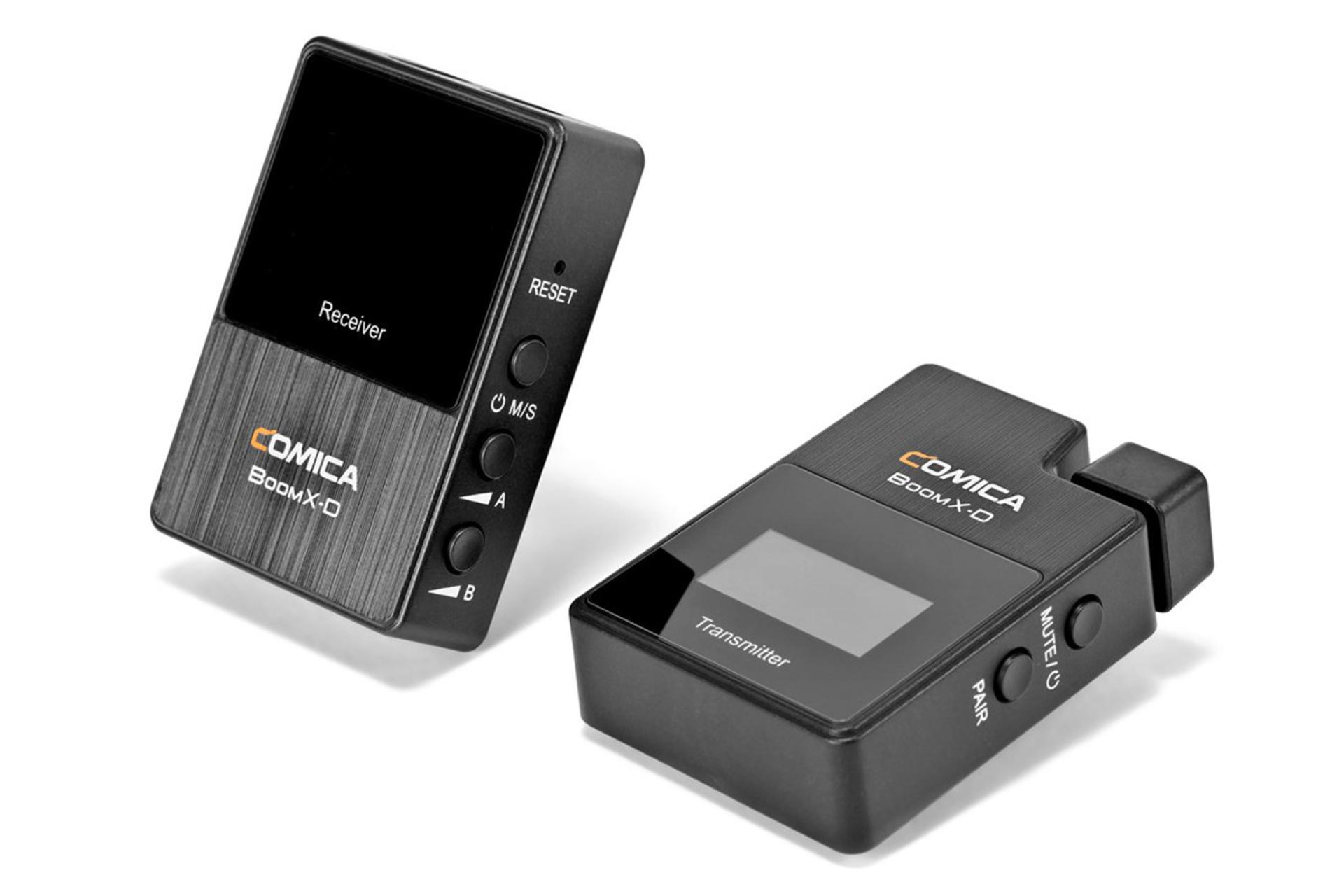 نمای نیم رخ جلوی گیرنده و فرستنده میکروفون کامیکا BoomX-D D1