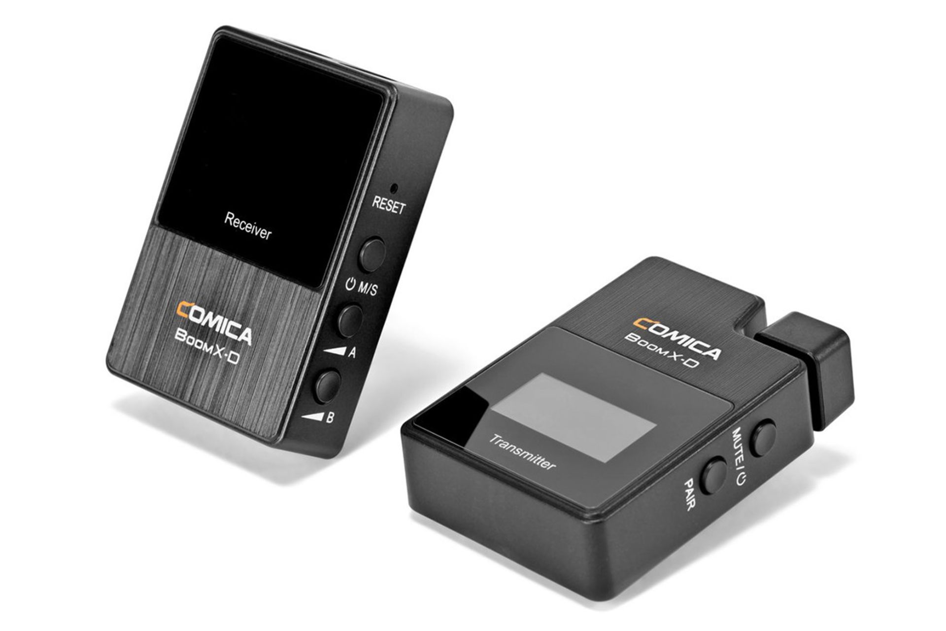 نمای نیم رخ جلوی گیرنده و فرستنده میکروفون کامیکا BoomX-D D1