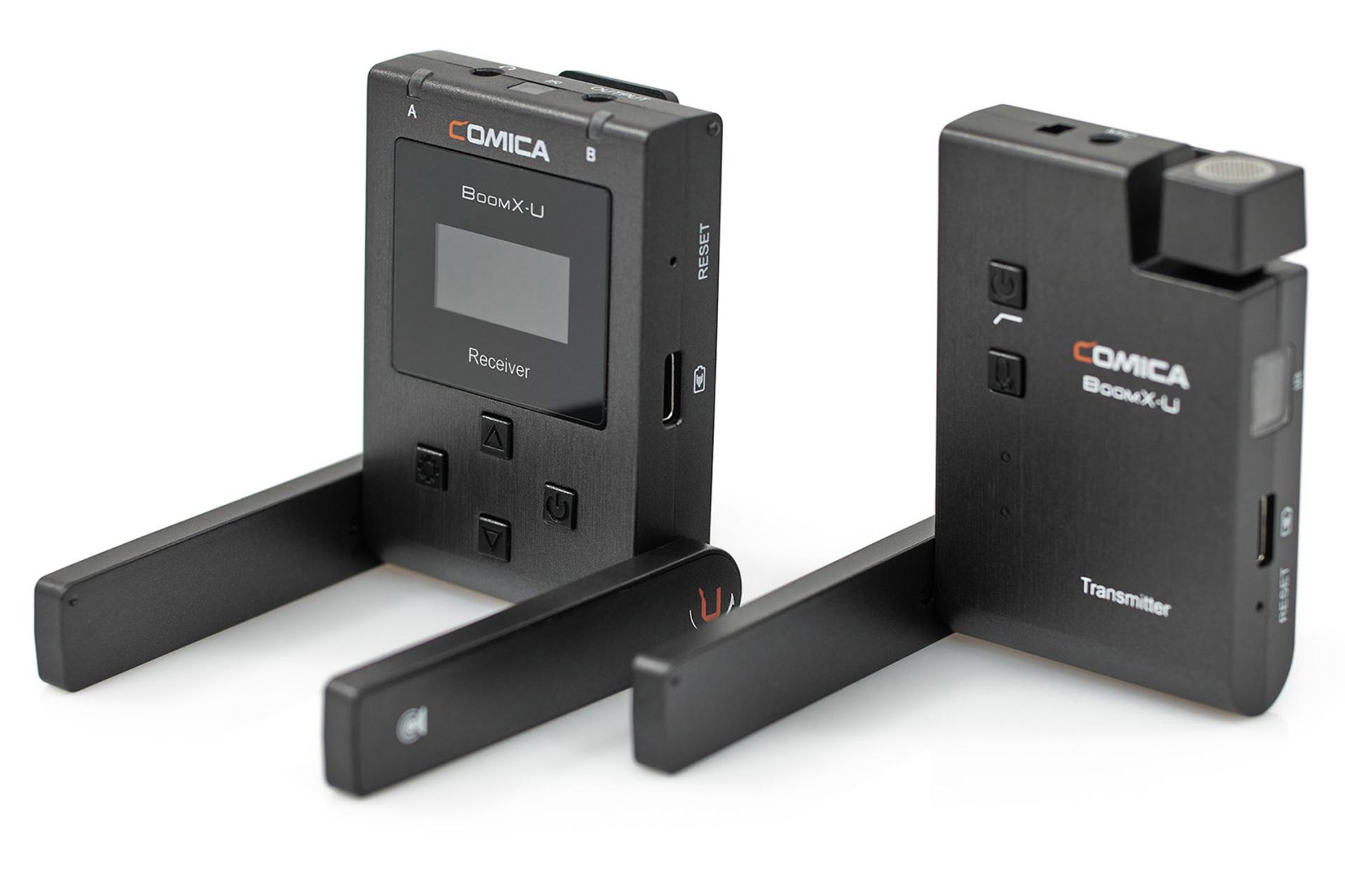 نمای نیم رخ جلوی فرستنده و گیرنده میکروفون کامیکا BoomX-U