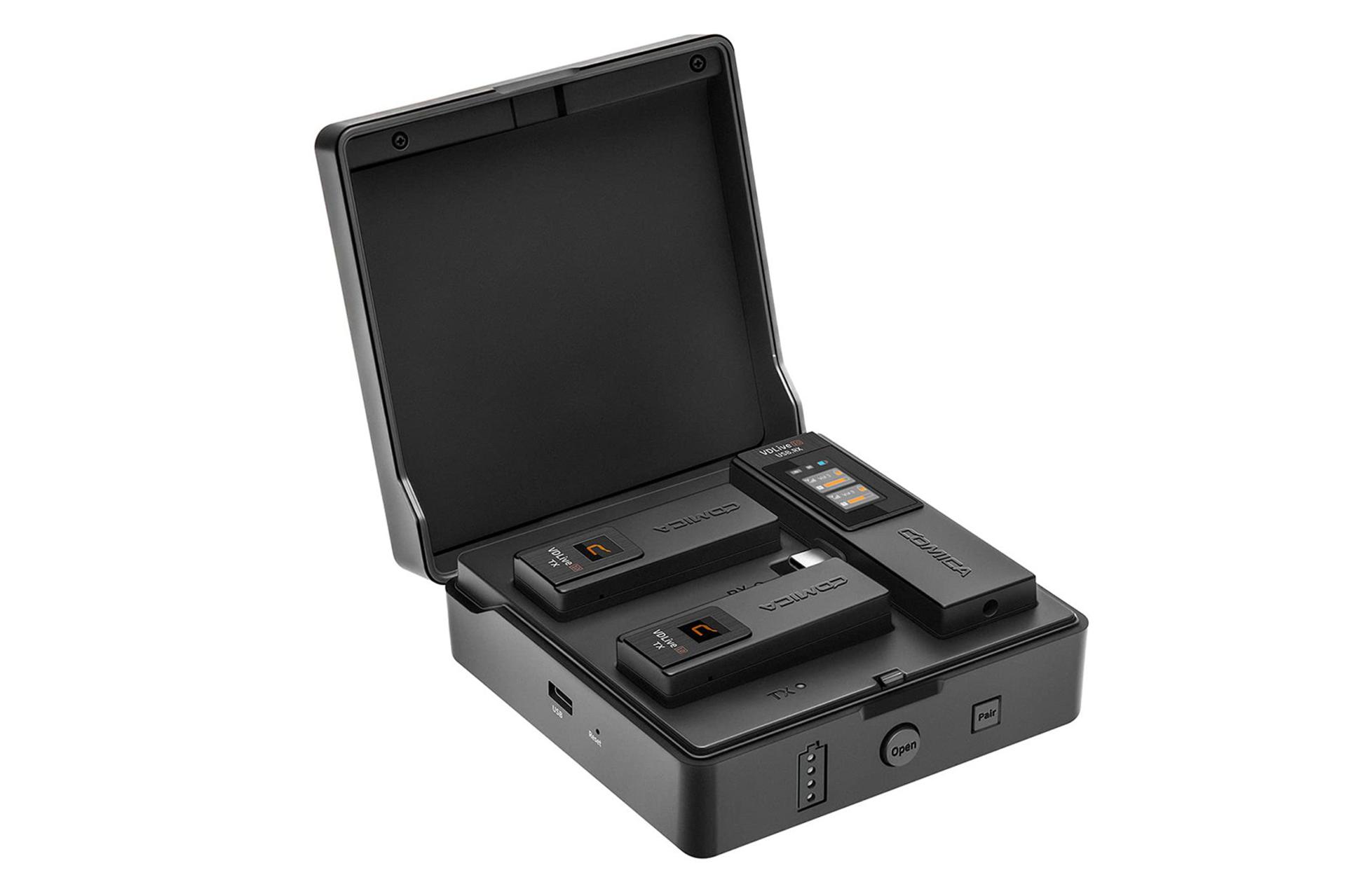 نمایش گیرنده و فرستنده میکروفون کامیکا VDLive10 USB داخل کیف قابل شارژ