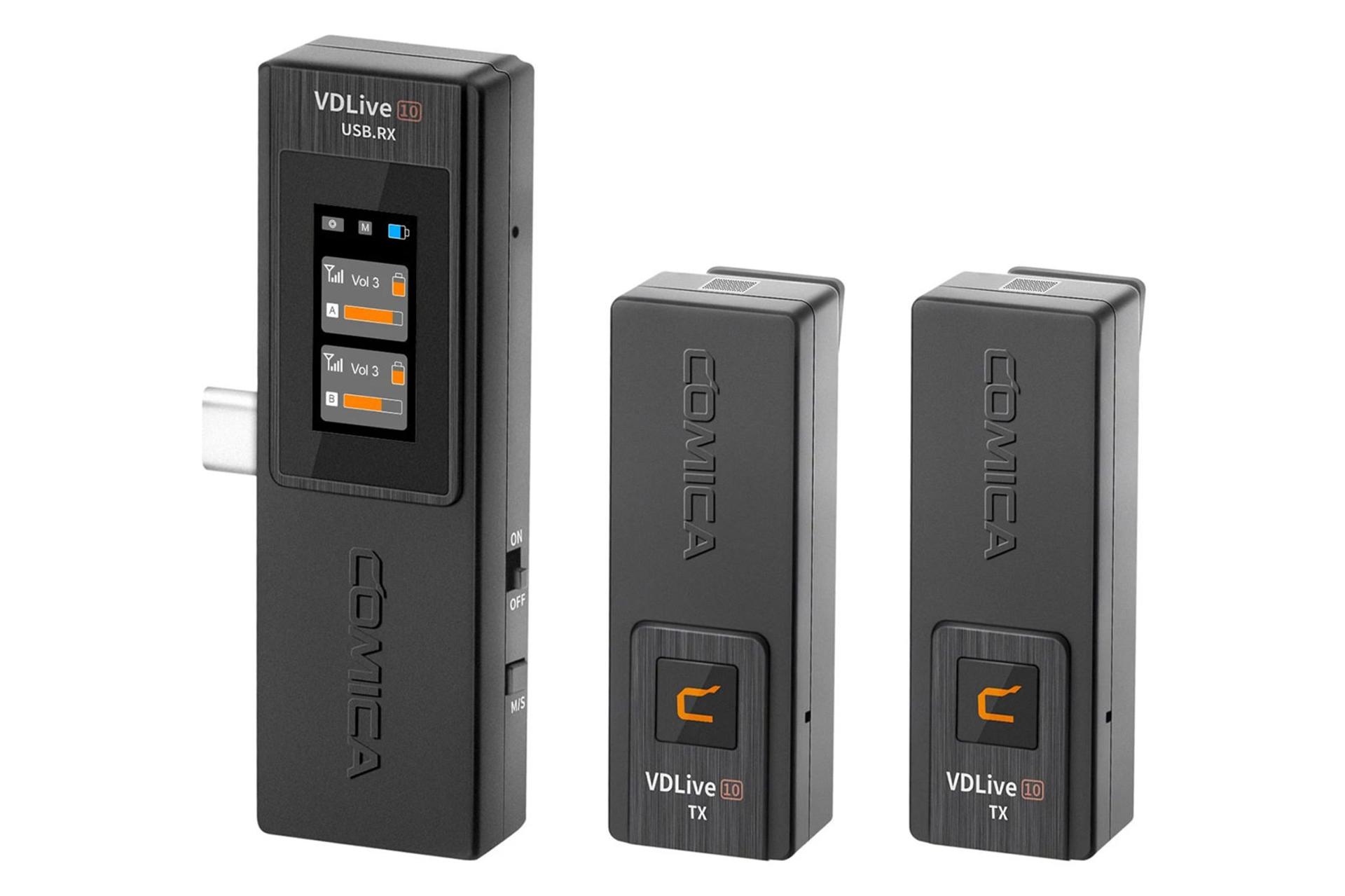 نمای نیم رخ جلوی رنگ مشکی گیرنده و فرستنده میکروفون کامیکا VDLive10 USB