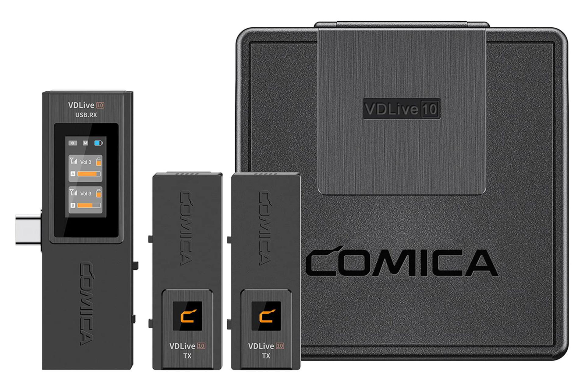 نمای جلوی گیرنده و فرستنده‌های میکروفون کامیکا VDLive10 USB به همراه کیف قابل شارژ