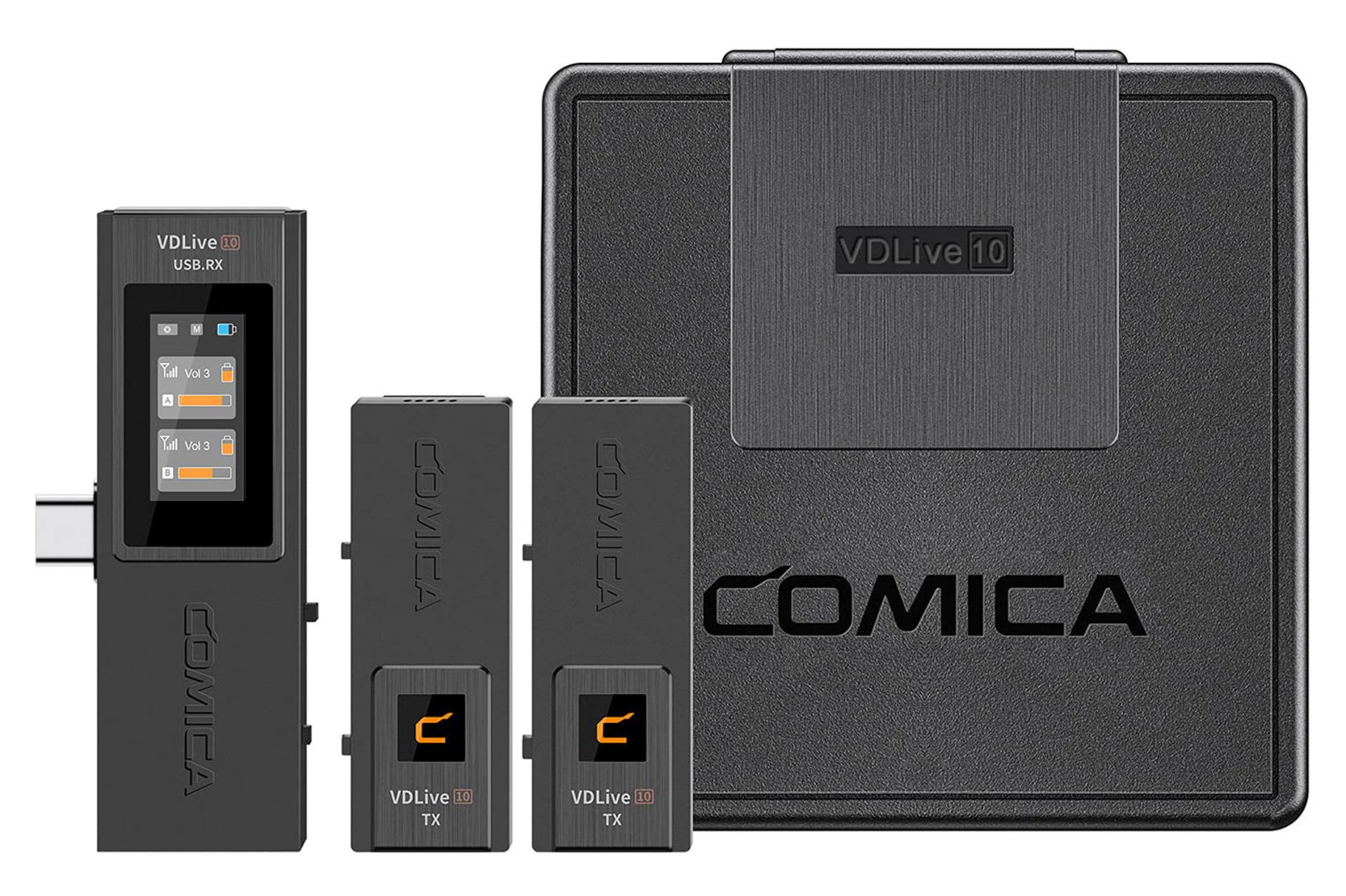 نمای جلوی گیرنده و فرستنده‌های میکروفون کامیکا VDLive10 USB به همراه کیف قابل شارژ