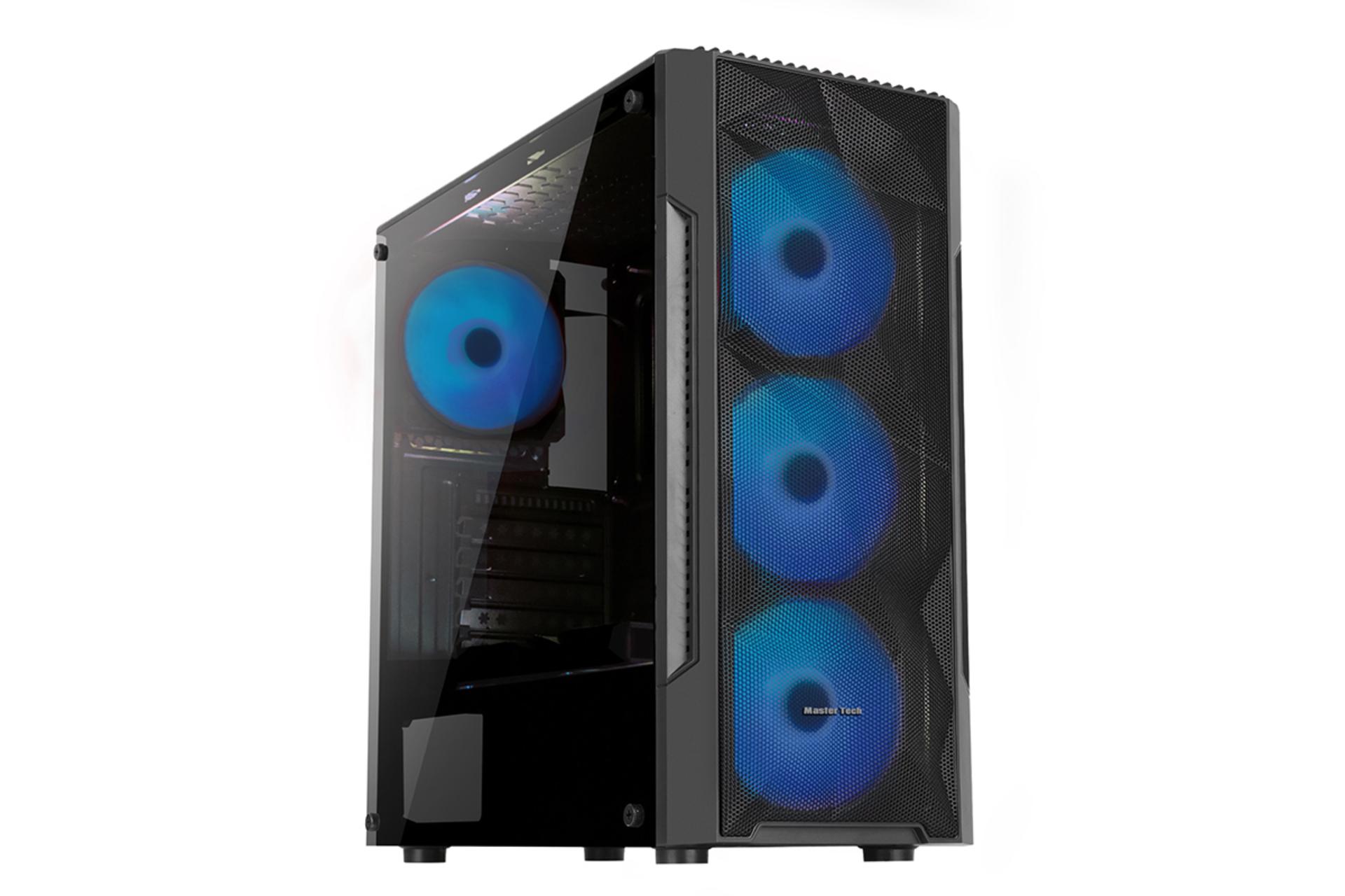 نمای نیم رخ جلو و سمت چپ به همراه نمایش نور قرمز فن های کیس کامپیوتر مسترتک Hunter Mini Glass به همراه نمایش نور ثابت آبی رنگ فن‌ها