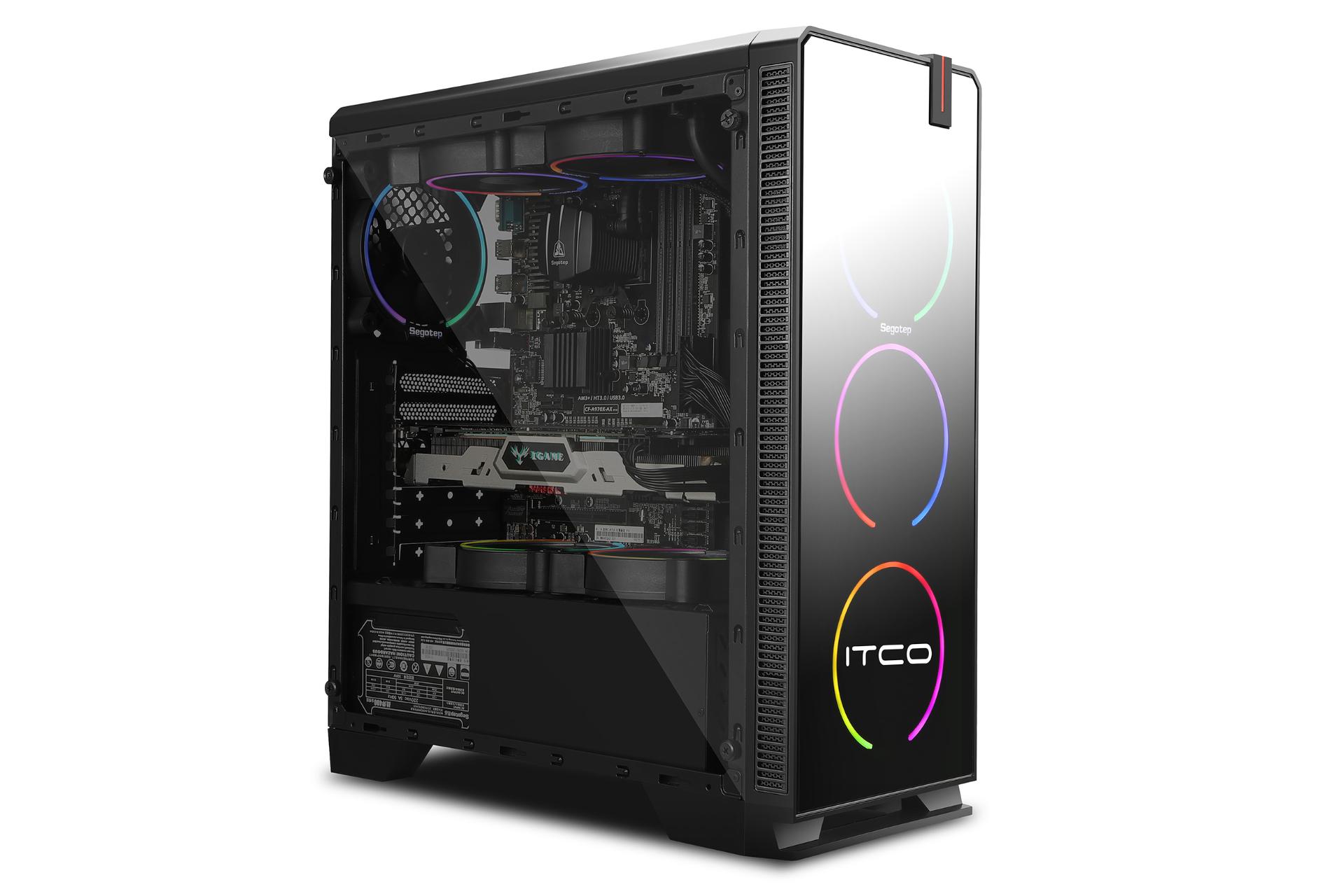 نمای نیم رخ جلو و پنل شیشه‌ای سمت چپ کیس کامپیوتر آی تی کو مدل ITCO CG102