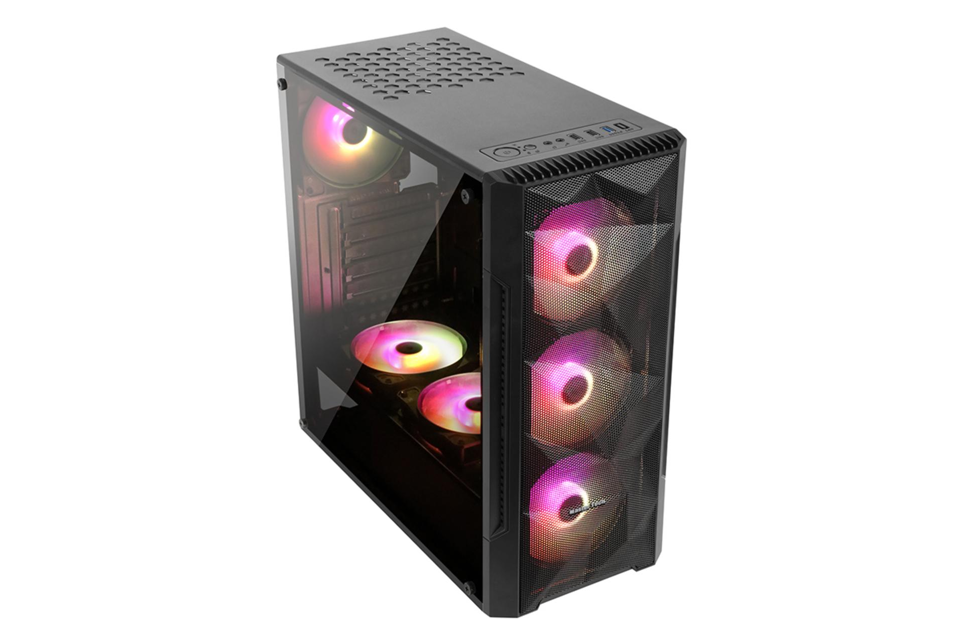 نمای نیم رخ جلو، بالا و سمت چپ کیس کامپیوتر مسترتک Hunter Mini Glass