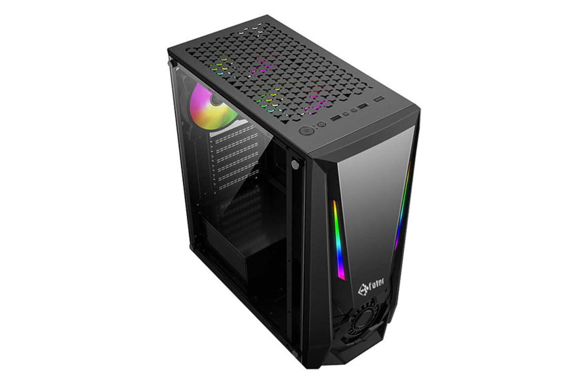 نمای نیم رخ جلو، سمت چپ، فیلتر و پورت‌های بالای کیس کامپیوتر فاطر مدل FG-523X