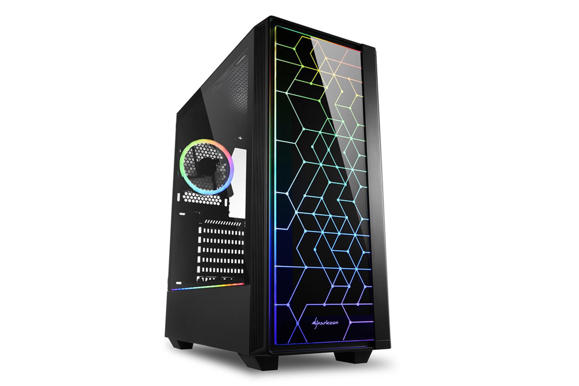 نمای نیم رخ جلو و پنل شیشه‌ای سمت چپ کیس کامپیوتر شارکن RGB LIT 100