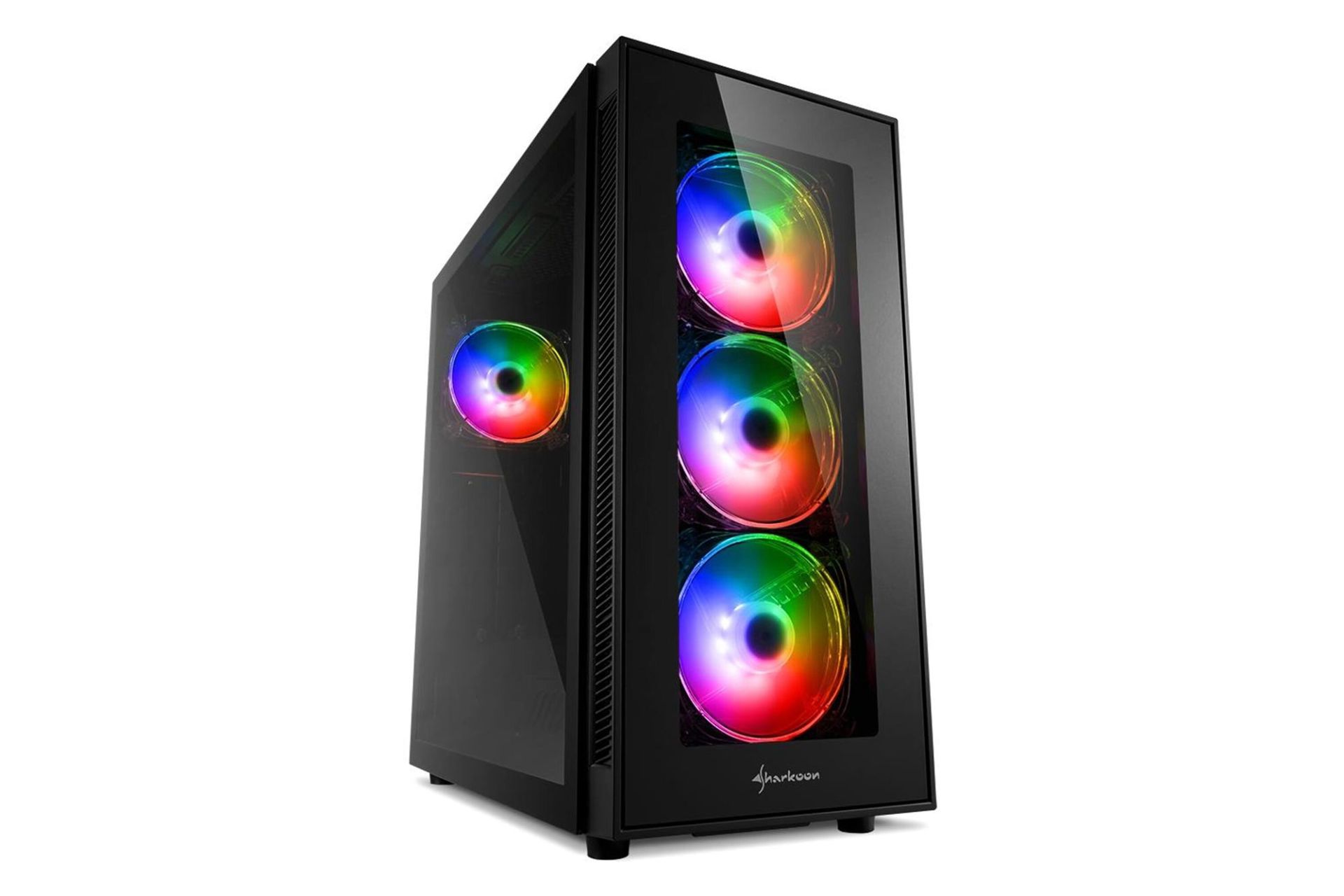 نمای نیم رخ جلو پنل شیشه‌ای سمت چپ کیس کامپیوتر شارکن TG5 Pro RGB
