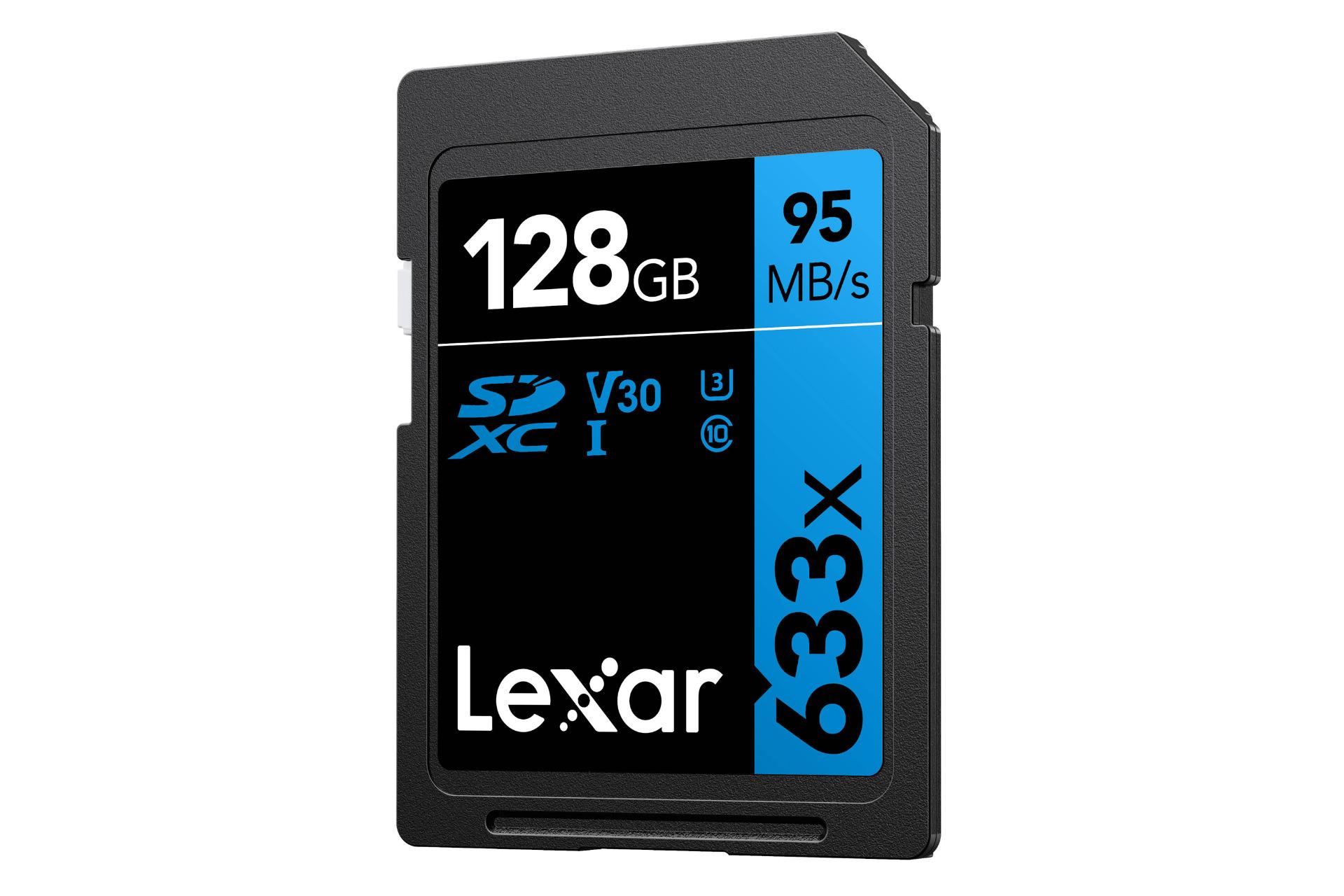 نمای راست کارت حافظه لکسار microSDXC با ظرفیت 128 گیگابایت مدل High Performance BLUE Series 633x V30 کلاس 10