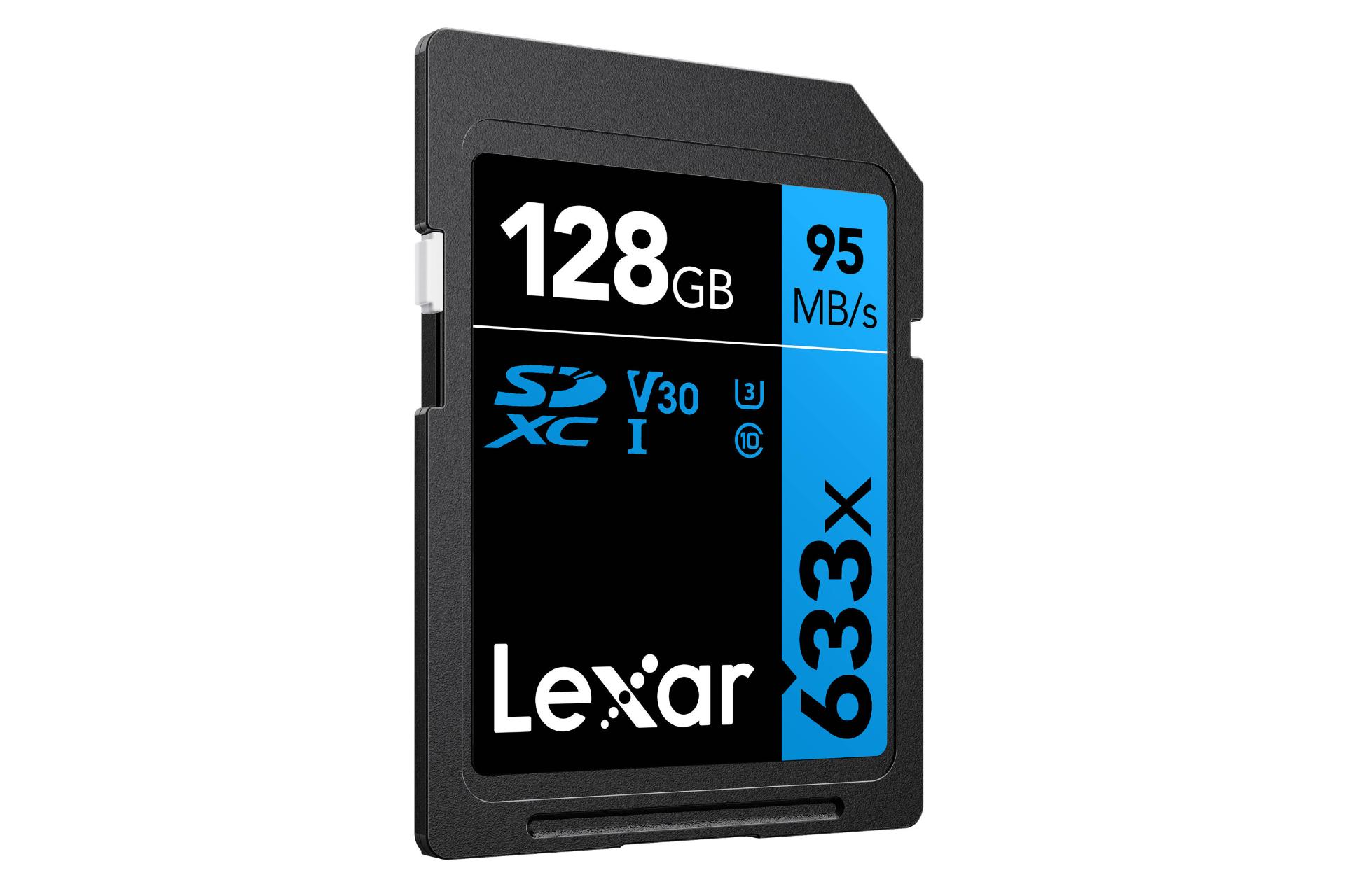 نمای چپ کارت حافظه لکسار microSDXC با ظرفیت 128 گیگابایت مدل High Performance BLUE Series 633x V30 کلاس 10