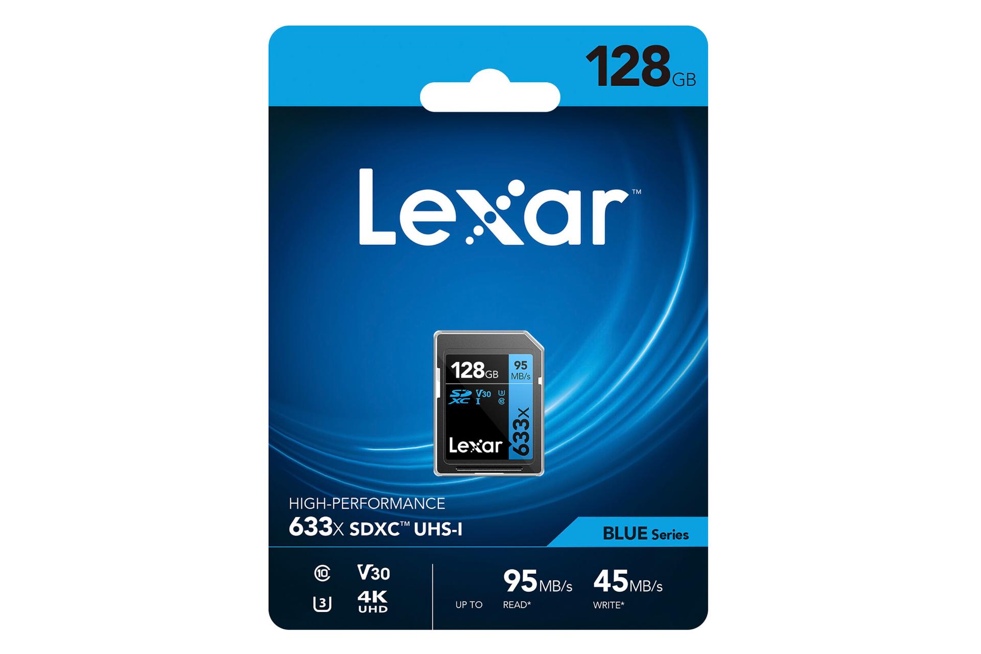 جعبه کارت حافظه لکسار microSDXC با ظرفیت 128 گیگابایت مدل High Performance BLUE Series 633x V30 کلاس 10
