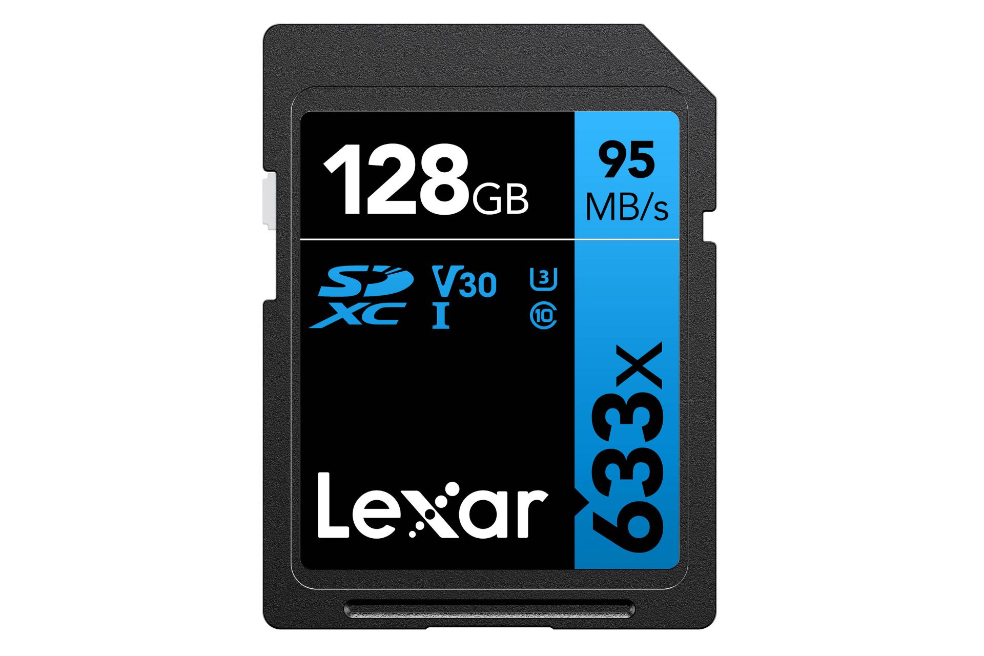 نمای روبرو کارت حافظه لکسار microSDXC با ظرفیت 128 گیگابایت مدل High Performance BLUE Series 633x V30 کلاس 10