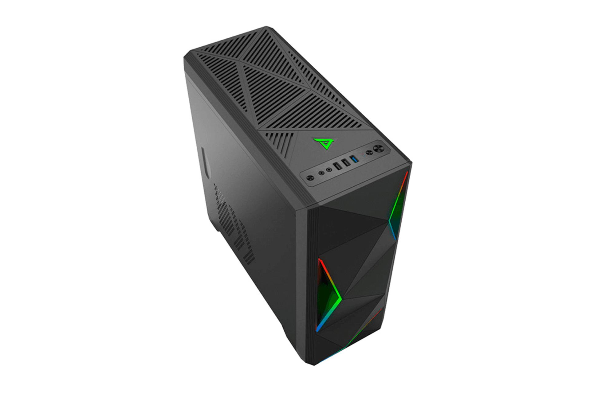 نمای نیم رخ جلو و پورت های بالای کیس کامپیوتر گیم مکس Ares 6830