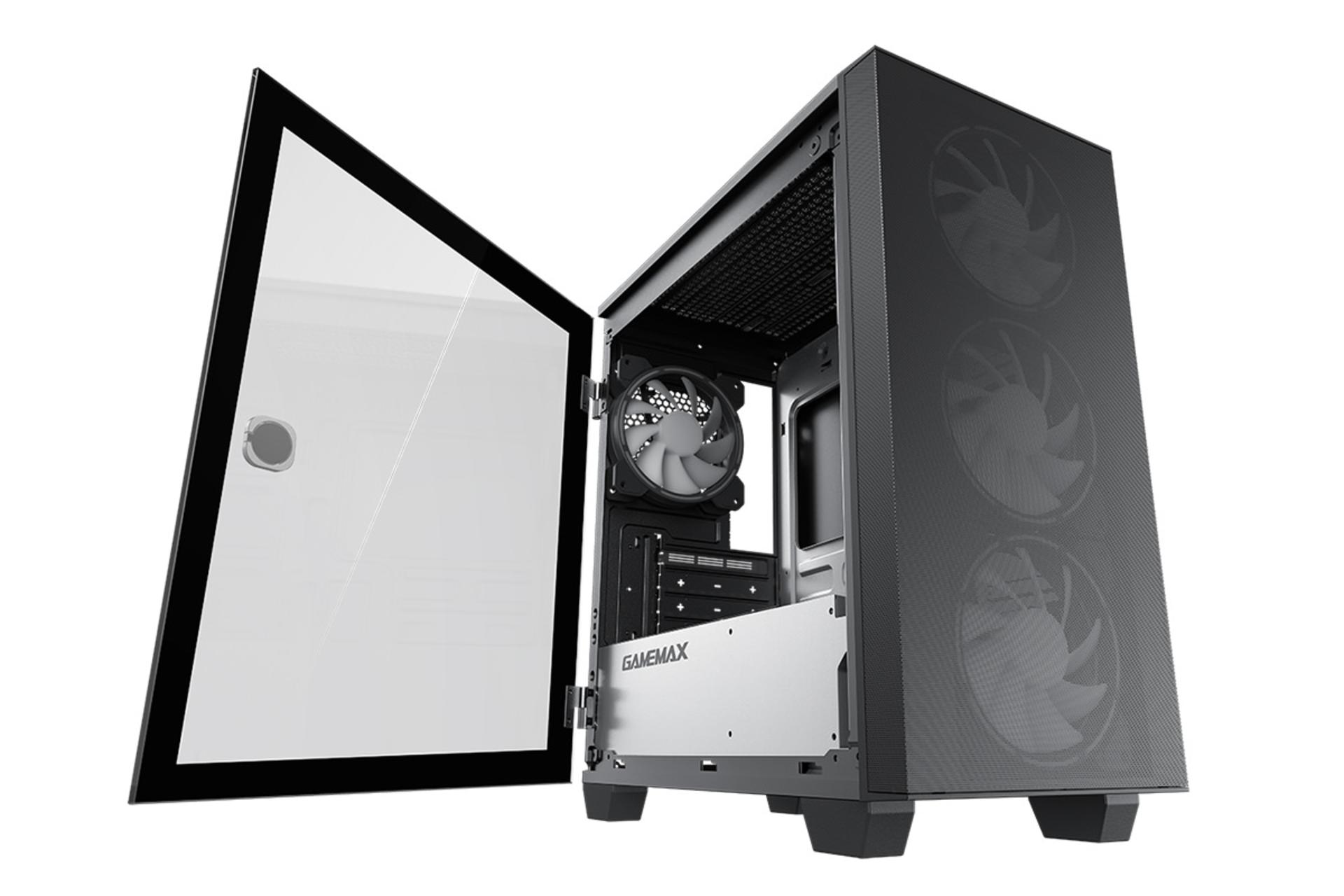 نمای نیم رخ جلو و درب شیشه ای سمت چپ کیس کامپیوتر گیم مکس Aero Mini