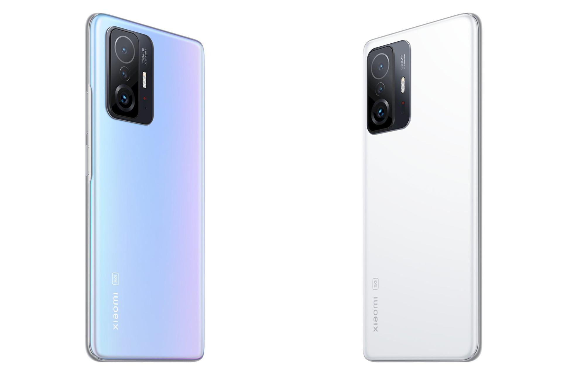نمای پشت شیائومی 11t پرو در دو رنگ سفید و گرادیانی