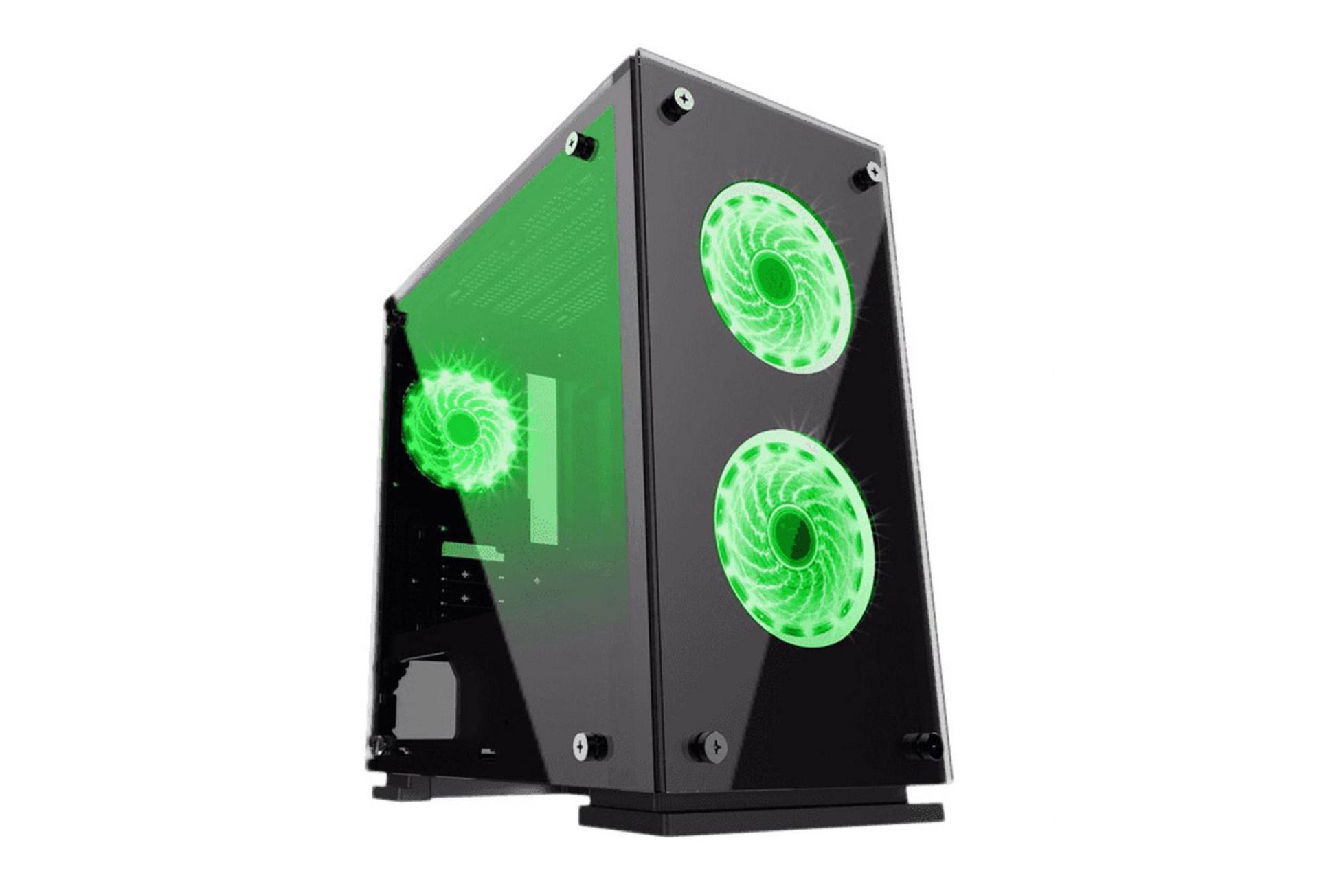 نمای نیم رخ جلو و درب شیشه ای سمت چپ کیس کامپیوتر گیم مکس H605-TA به همراه نور سبز فن ها