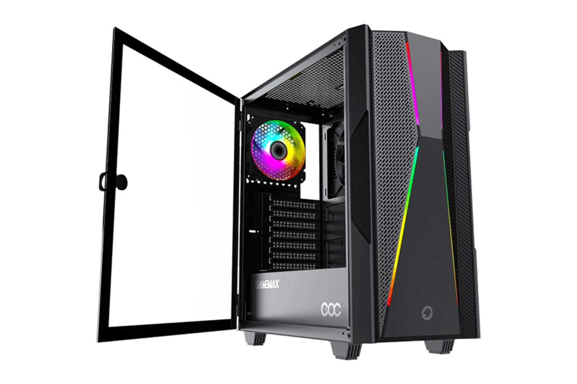 نمای نیم رخ جلو و درب شیشه ای سمت چپ کیس کامپیوتر گیم مکس Typhoon COC