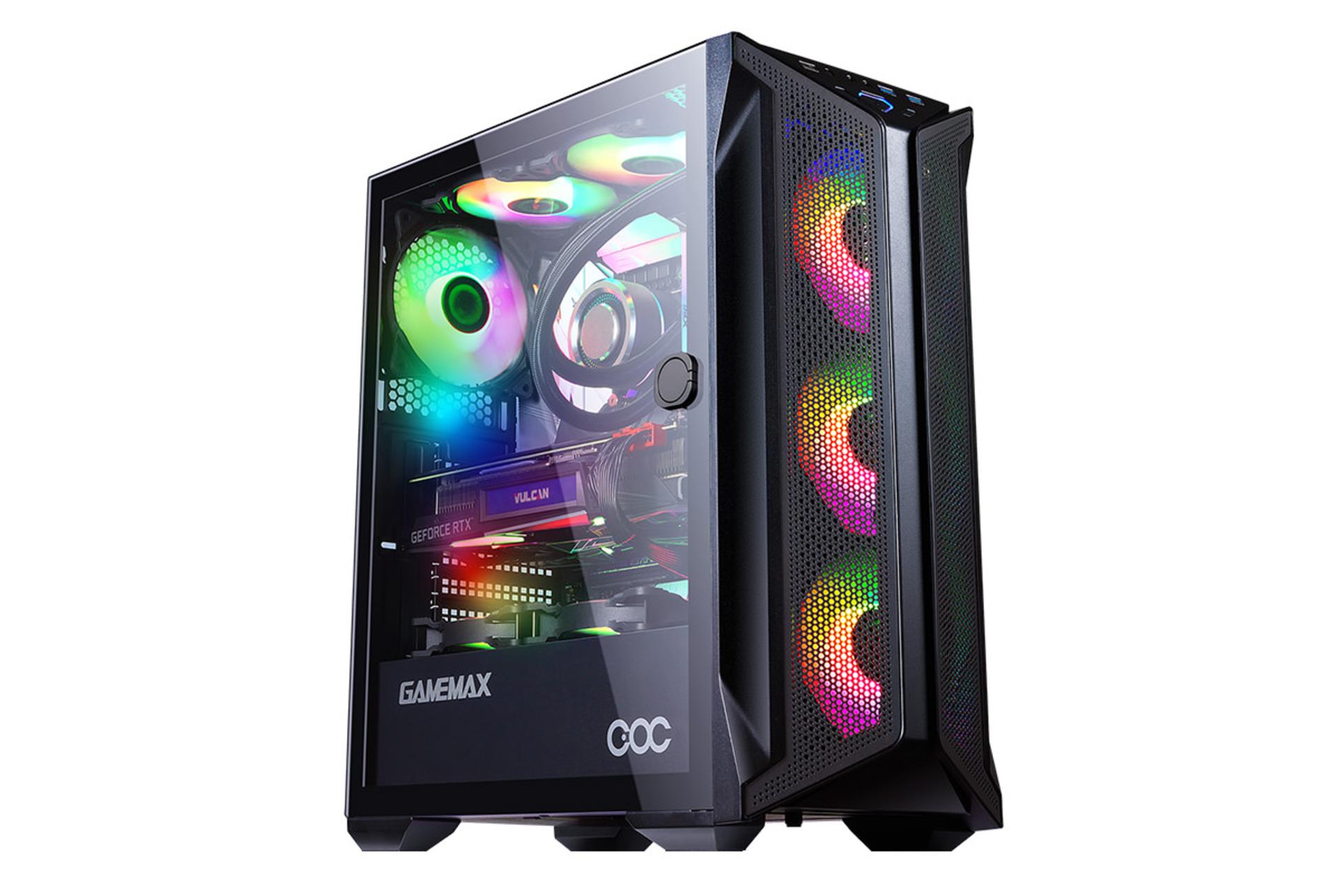 نمای نیم رخ جلو و درب شیشه ای سمت چپ کیس کامپیوتر گیم مکس Brufen C1