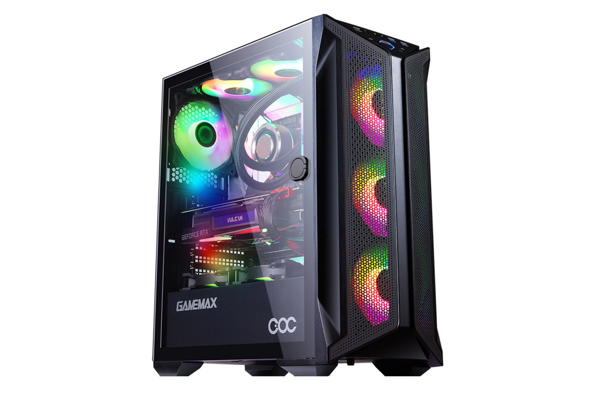 نمای نیم رخ جلو و درب شیشه ای سمت چپ کیس کامپیوتر گیم مکس Brufen C1