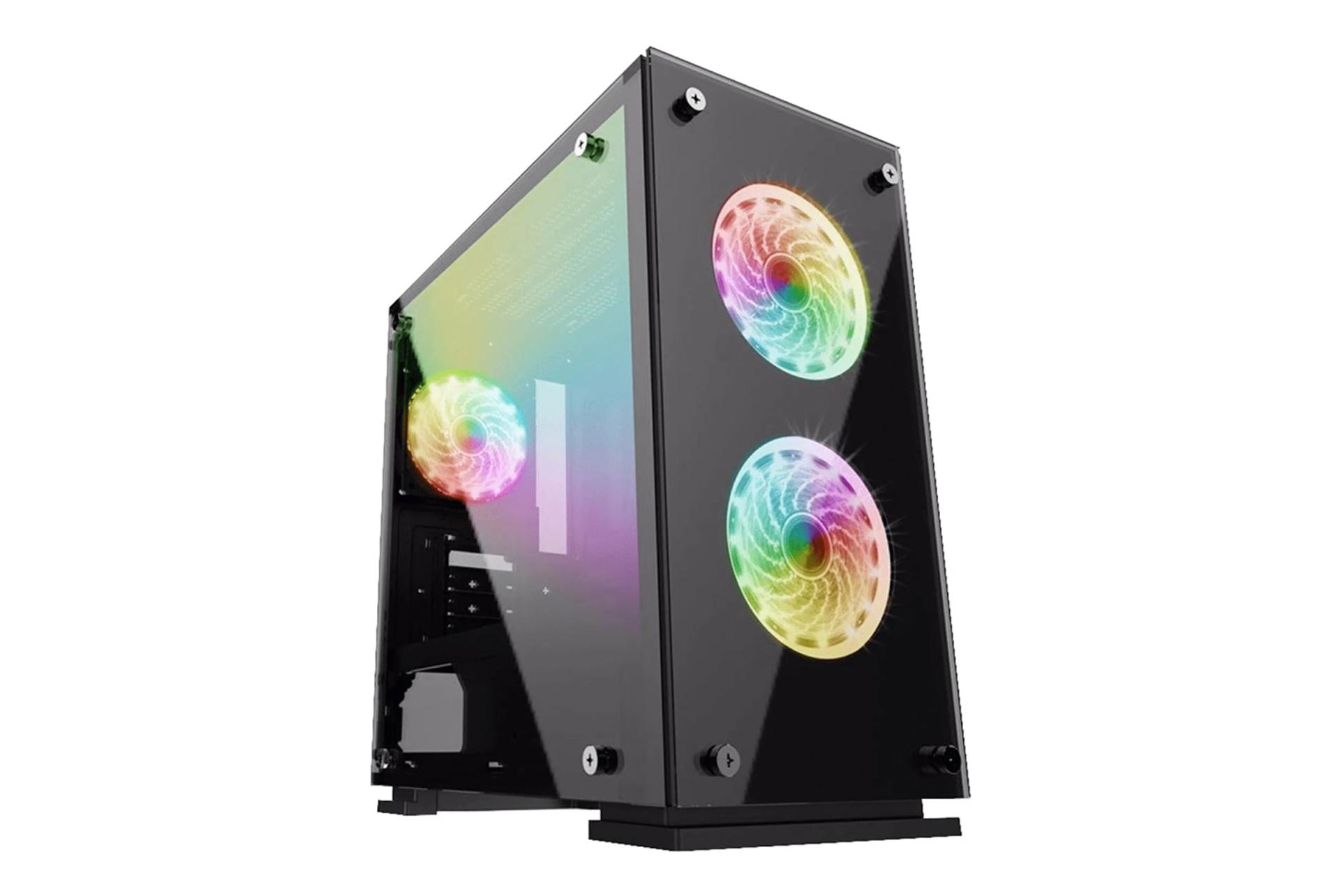 نمای نیم رخ جلو و سمت چپ کیس کامپیوتر گیم مکس H605-TA به همراه نور RGB فن ها