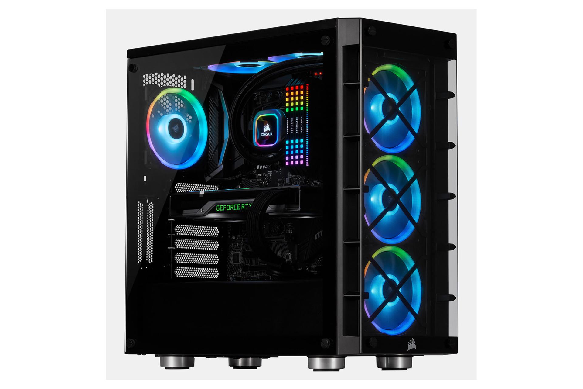 نمای نیم رخ جلو و سمت چپ کیس کامپیوتر کورسیر iCUE 465X RGB