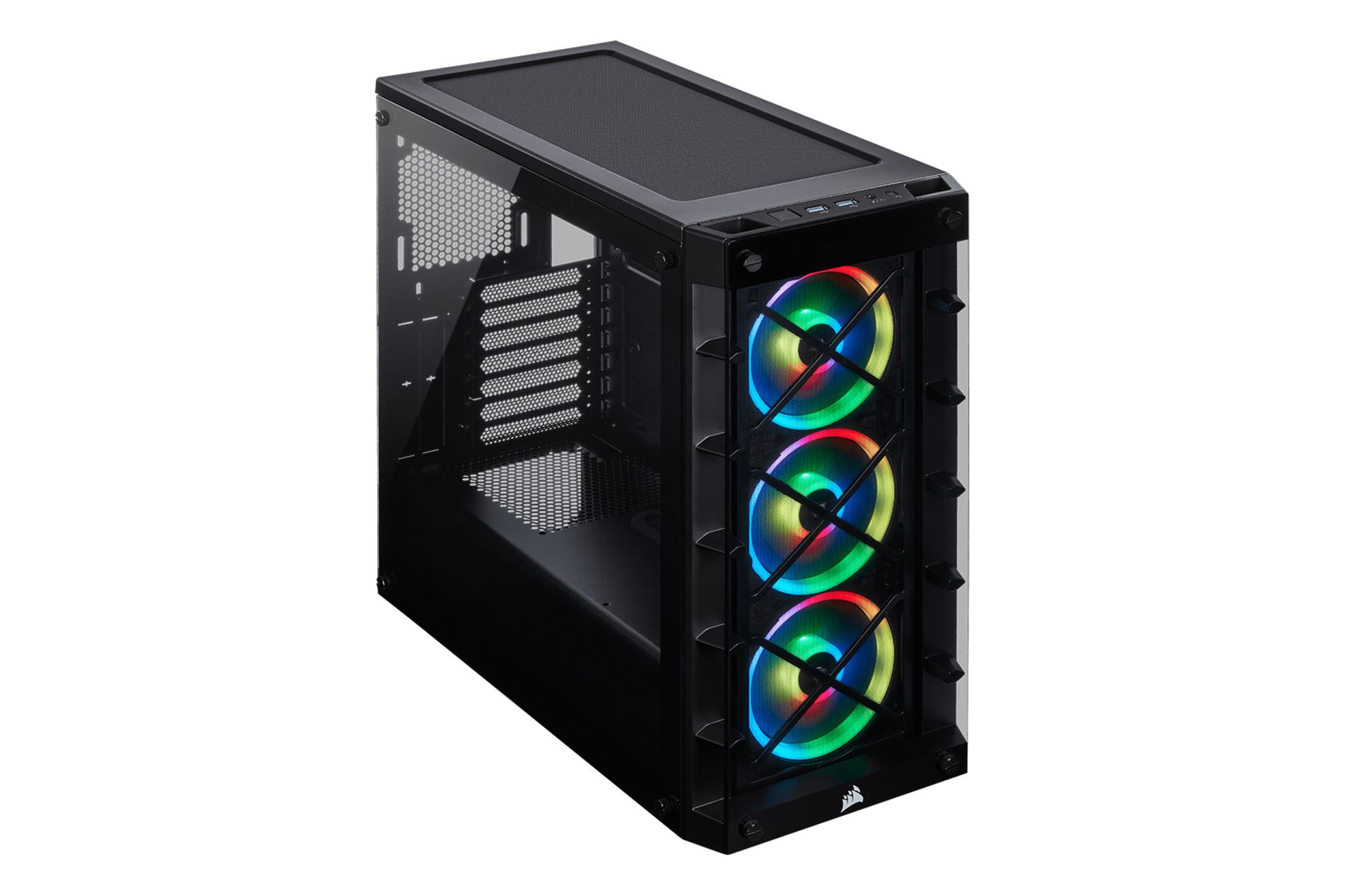 نمای نیم رخ جلو و پنل شیشه ای سمت چپ کیس کامپیوتر کورسیر iCUE 465X RGB