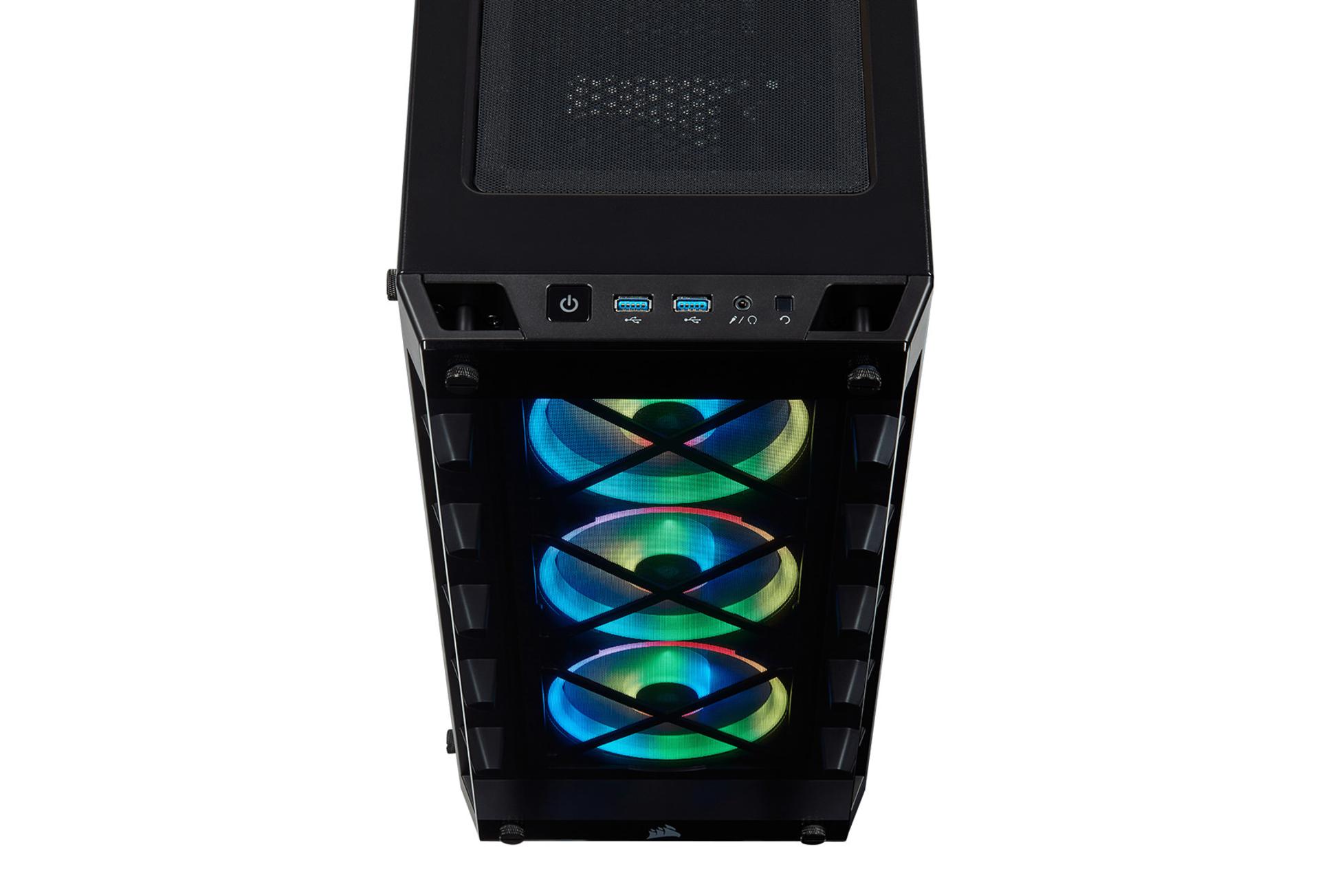 نمای فیلتر و پورت های بالای کیس کامپیوتر کورسیر iCUE 465X RGB