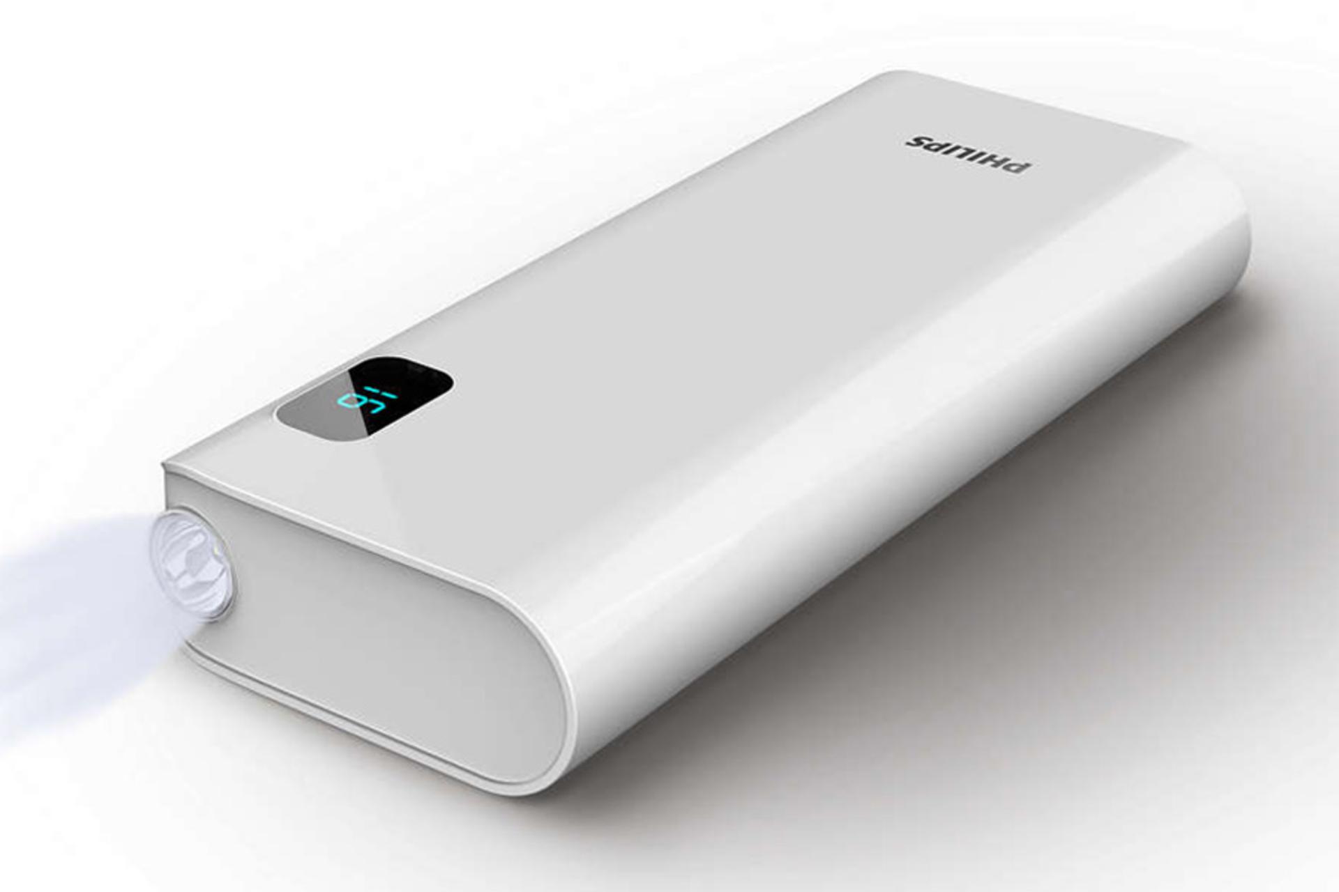 نمای نیمرخ پاوربانک فیلیپس DLP10016 ظرفیت 10000 میلی‌آمپرساعت و نمایش LED