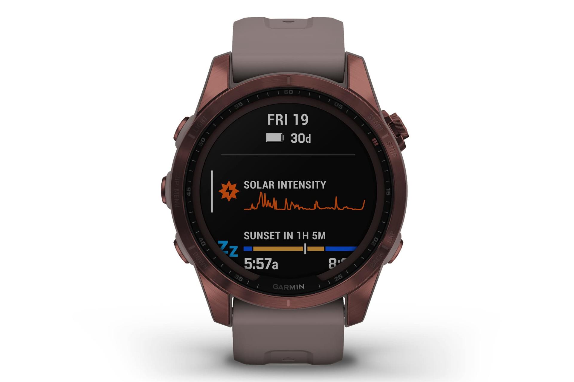 نمای روبرو اسمارت واچ گارمین فنیکس Garmin Fenix 7S Sapphire Solar برنز تیره