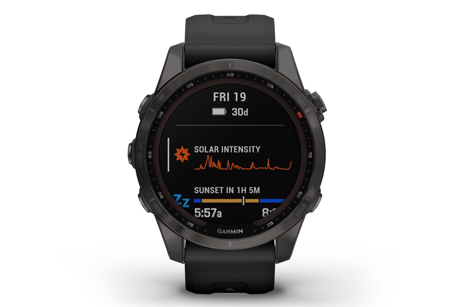 نمای روبرو اسمارت واچ گارمین فنیکس Garmin Fenix 7S Sapphire Solar خاکستری تیره